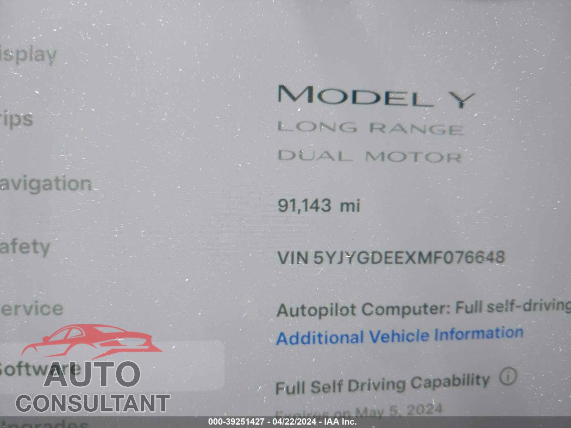 TESLA MODEL Y 2021 - 5YJYGDEEXMF076648