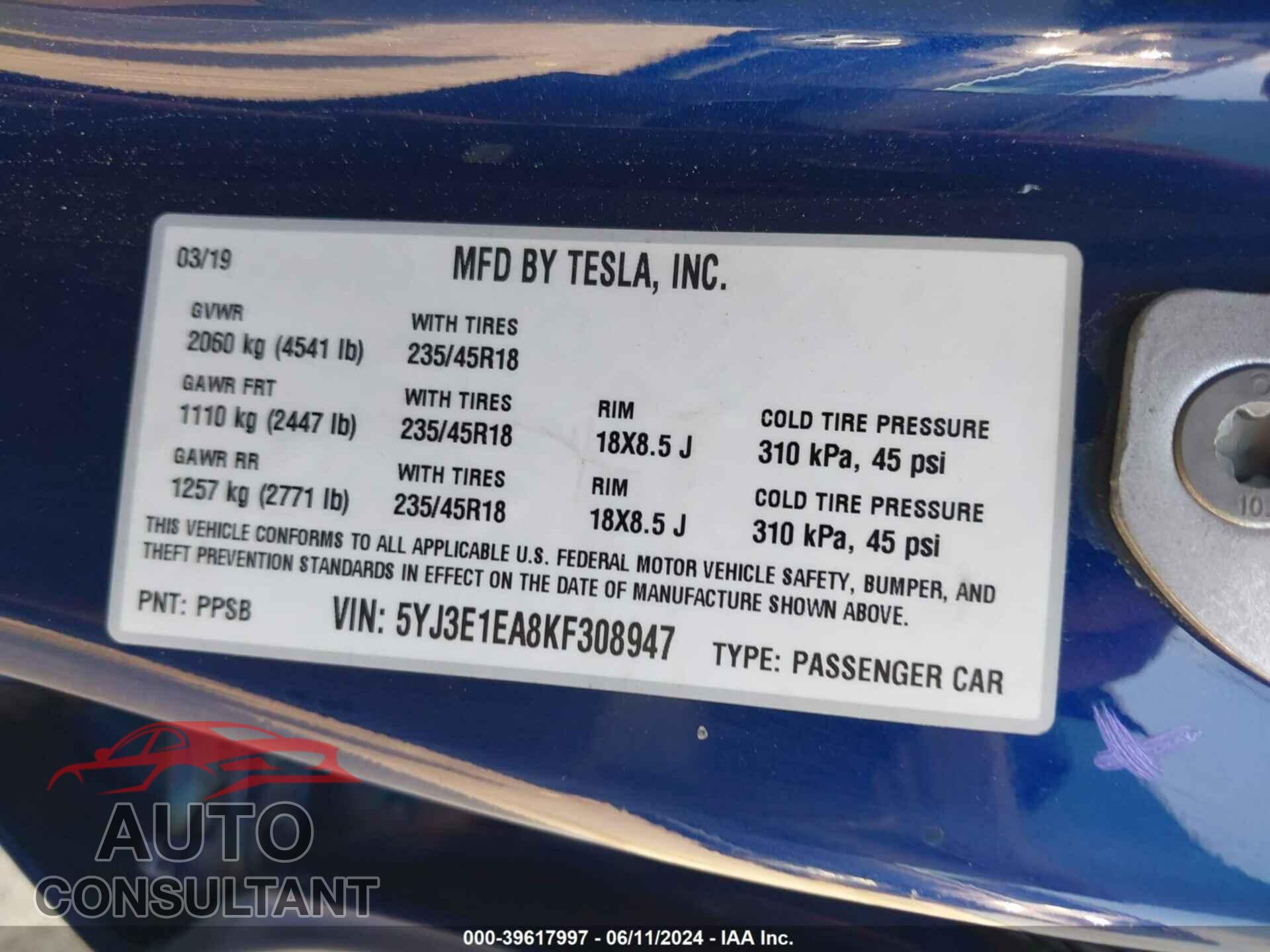 TESLA MODEL 3 2019 - 5YJ3E1EA8KF308947