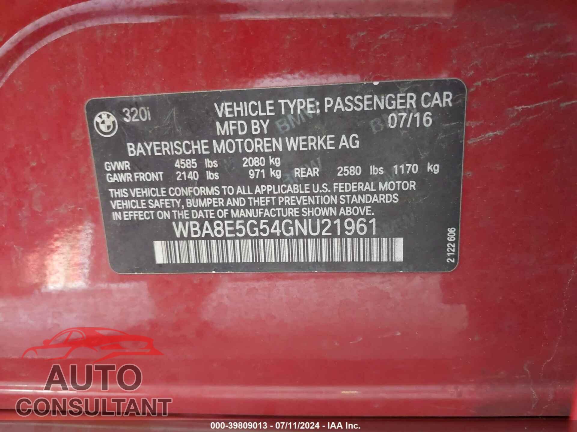 BMW 320I 2016 - WBA8E5G54GNU21961