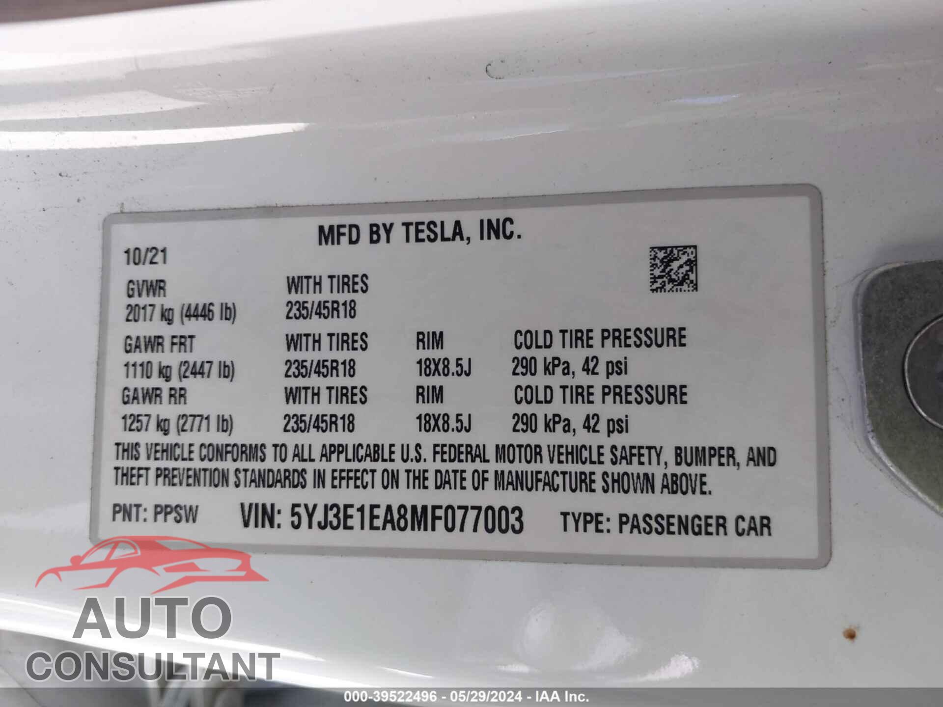 TESLA MODEL 3 2021 - 5YJ3E1EA8MF077003