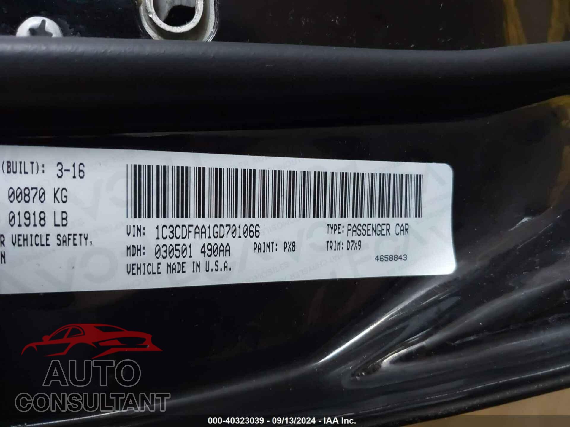 DODGE DART 2016 - 1C3CDFAA1GD701066
