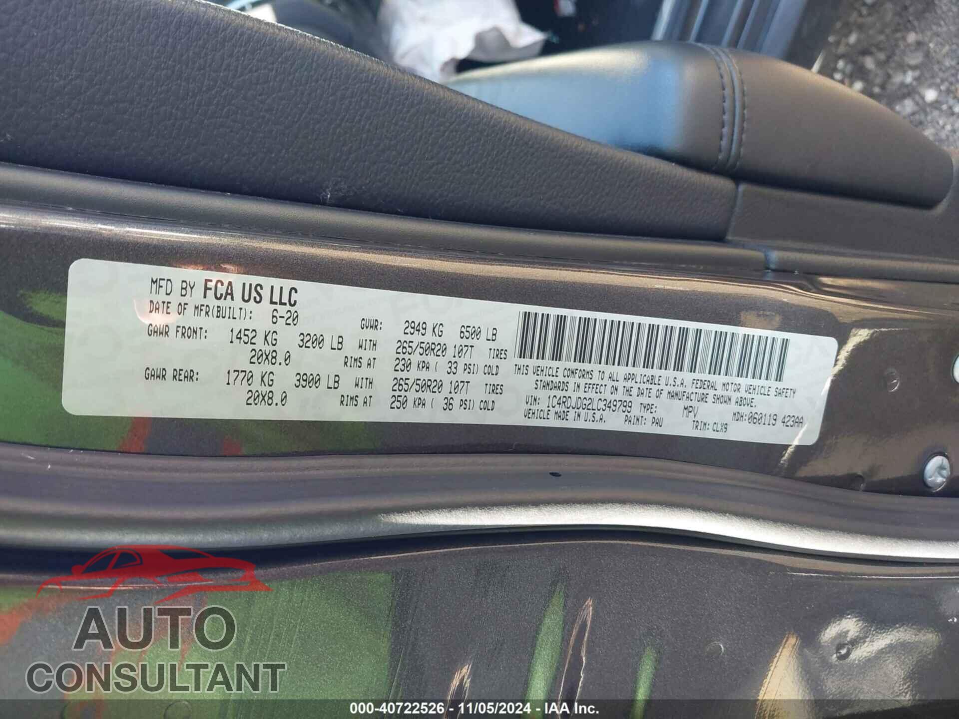 DODGE DURANGO 2020 - 1C4RDJDG2LC349799