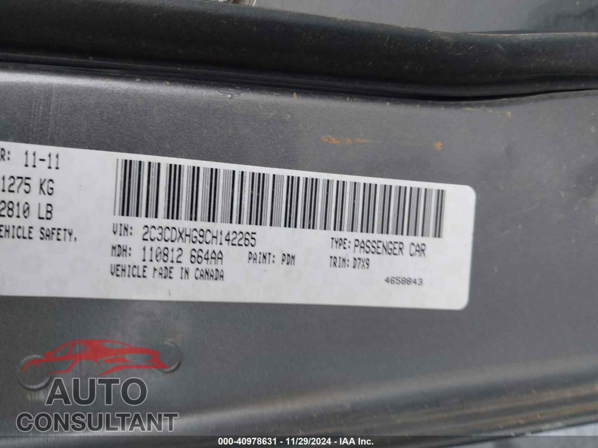 DODGE CHARGER 2012 - 2C3CDXHG9CH142265