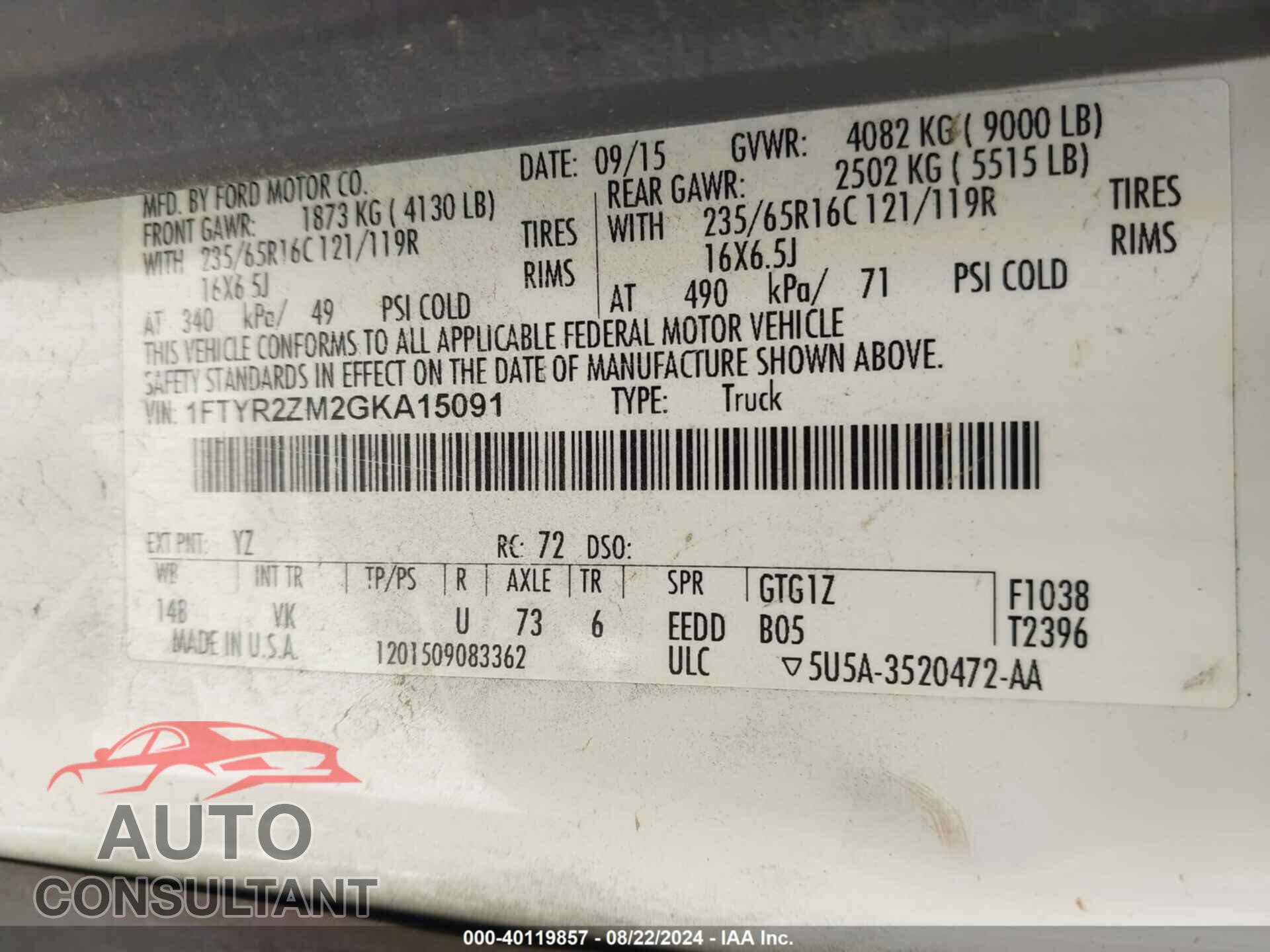 FORD TRANSIT-250 2016 - 1FTYR2ZM2GKA15091