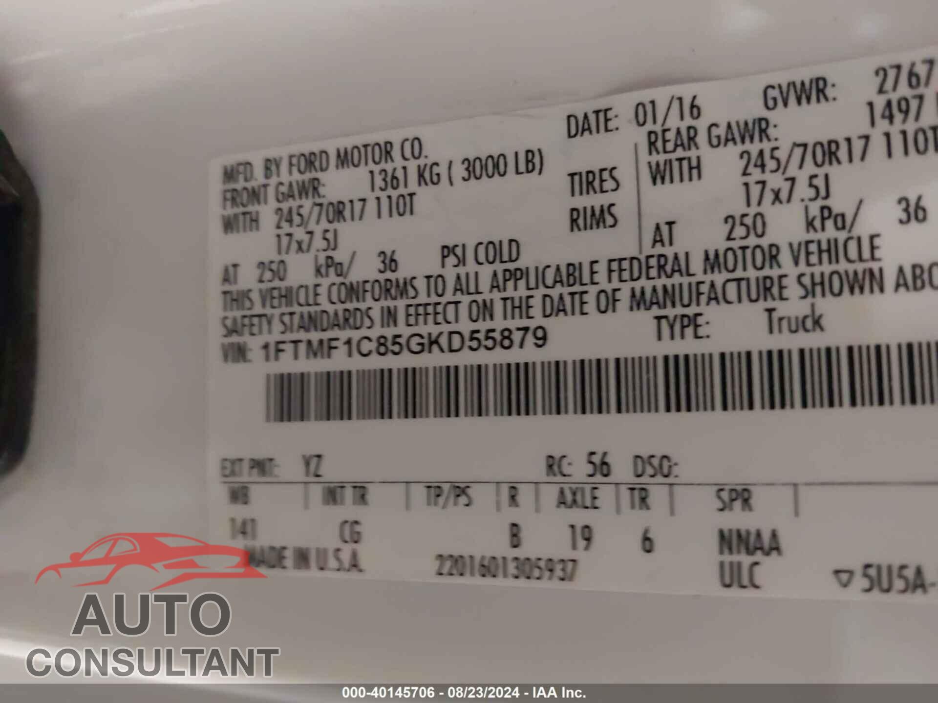 FORD F-150 2016 - 1FTMF1C85GKD55879