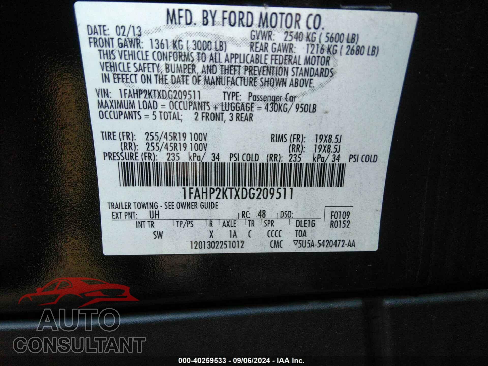 FORD TAURUS 2013 - 1FAHP2KTXDG209511