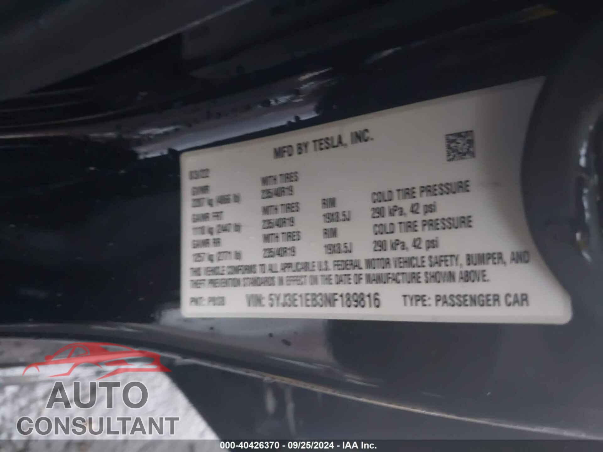 TESLA MODEL 3 2022 - 5YJ3E1EB3NF189816