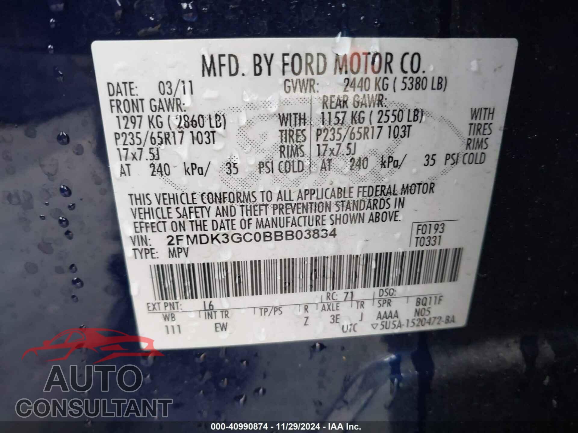 FORD EDGE 2011 - 2FMDK3GC0BBB03834