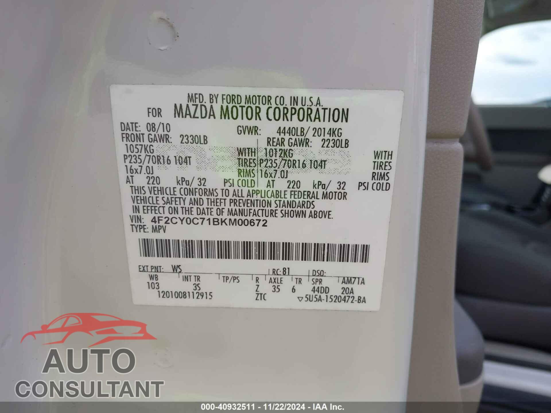 MAZDA TRIBUTE 2011 - 4F2CY0C71BKM00672