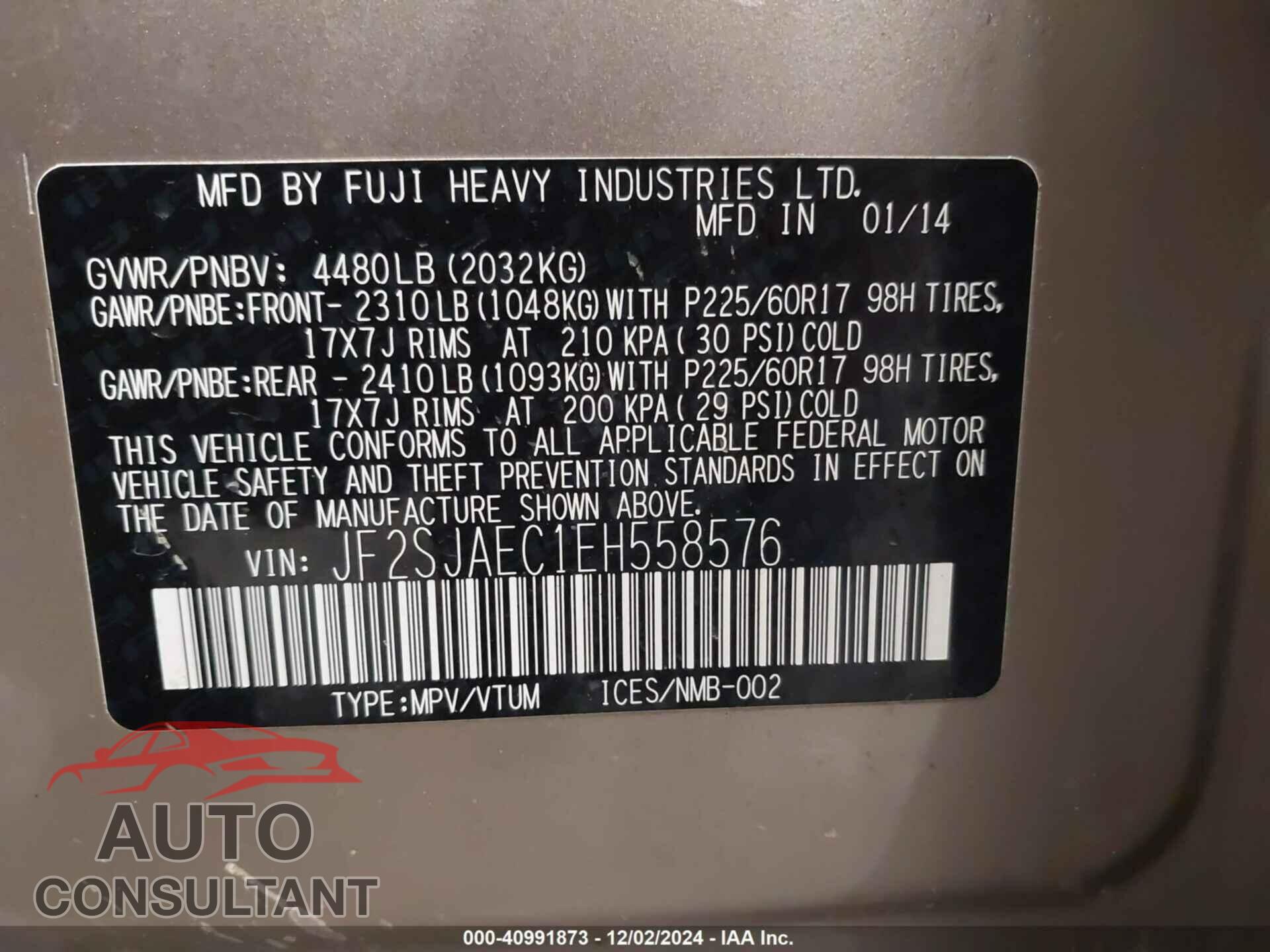 SUBARU FORESTER 2014 - JF2SJAEC1EH558576