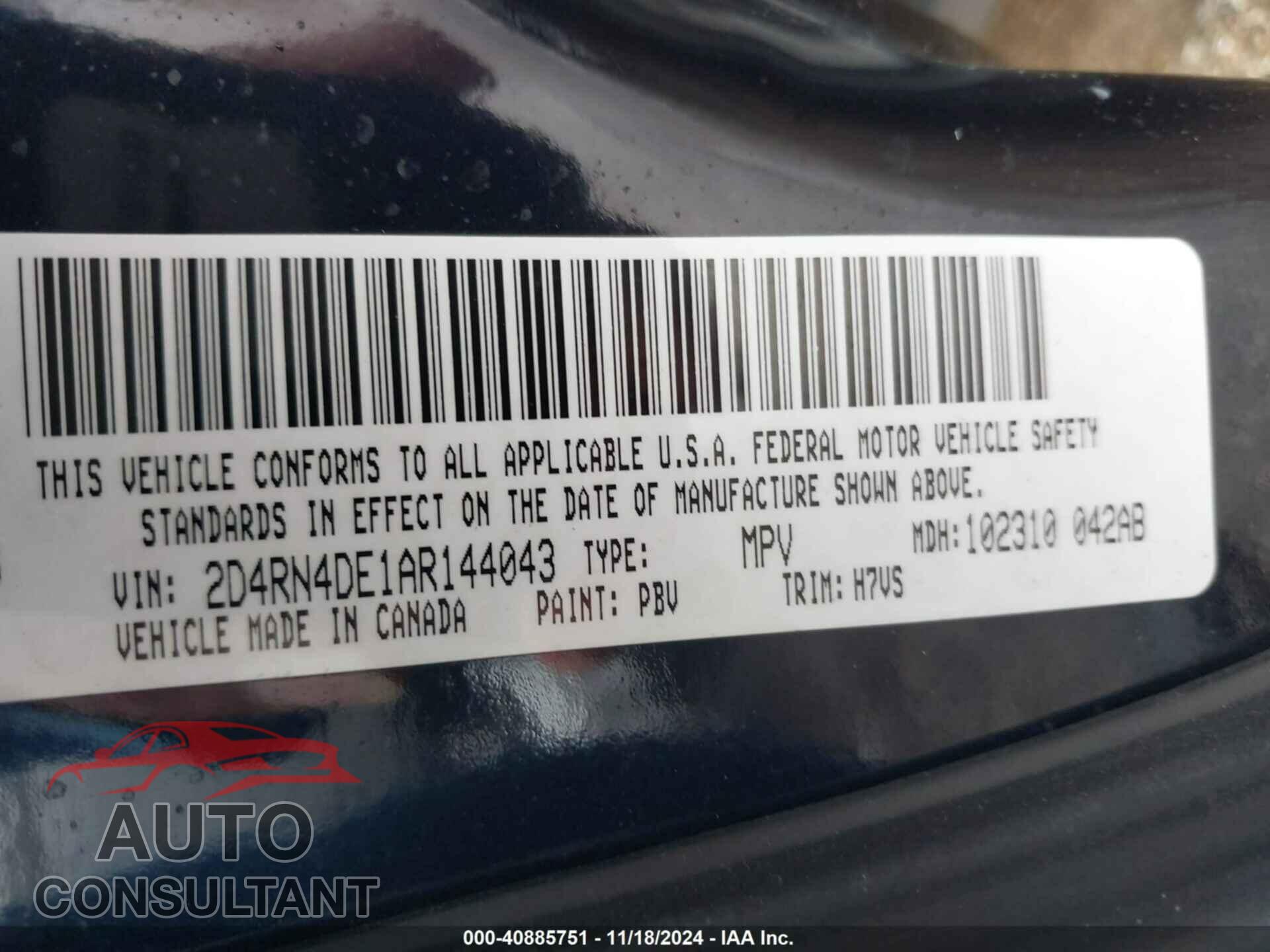 DODGE GRAND CARAVAN 2010 - 2D4RN4DE1AR144043