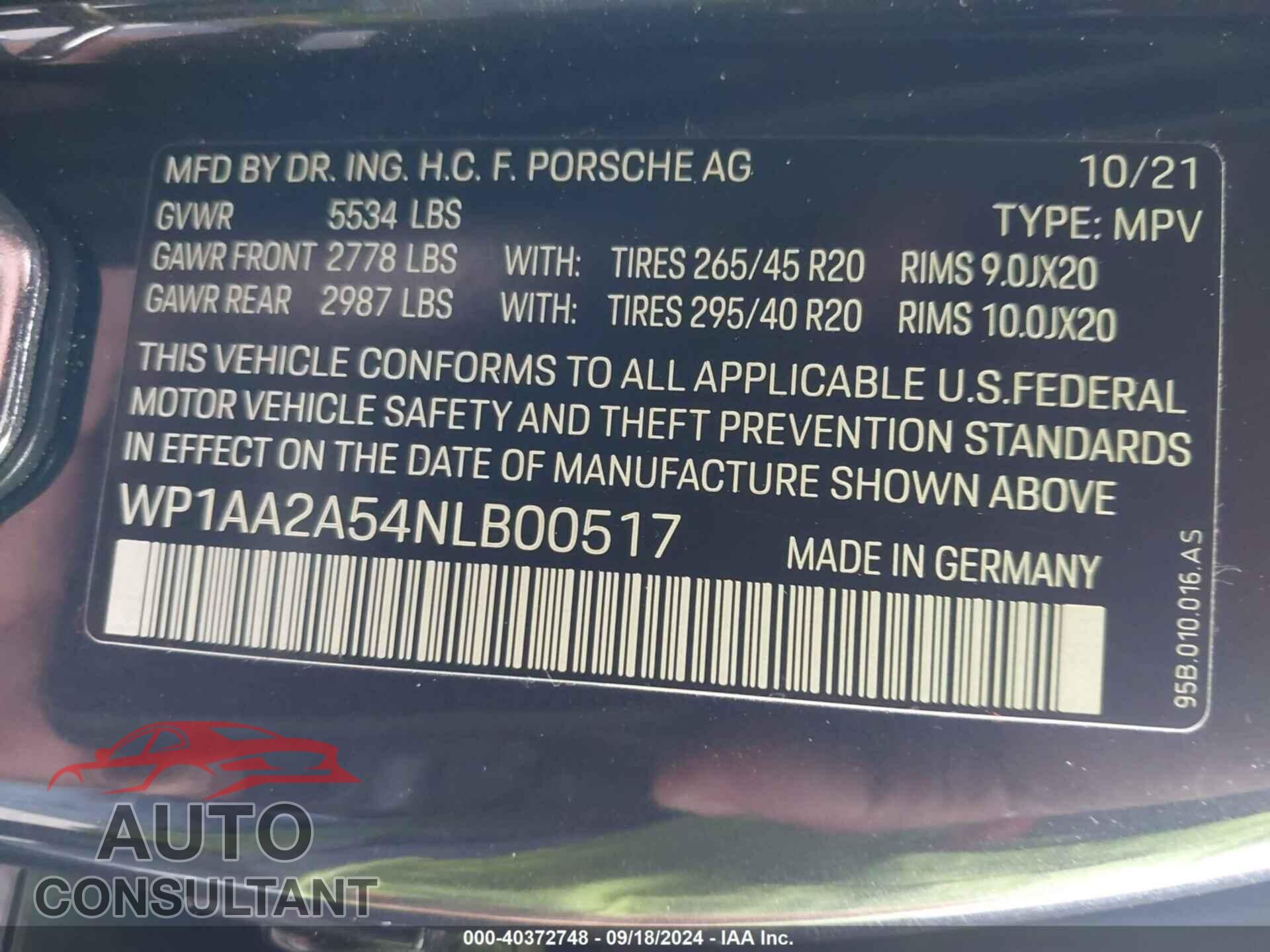PORSCHE MACAN 2022 - WP1AA2A54NLB00517