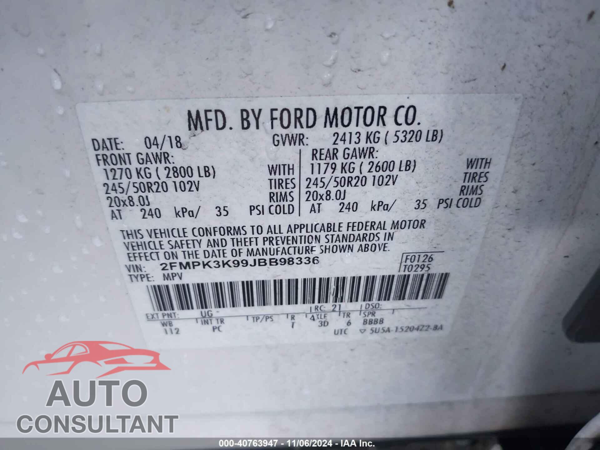 FORD EDGE 2018 - 2FMPK3K99JBB98336