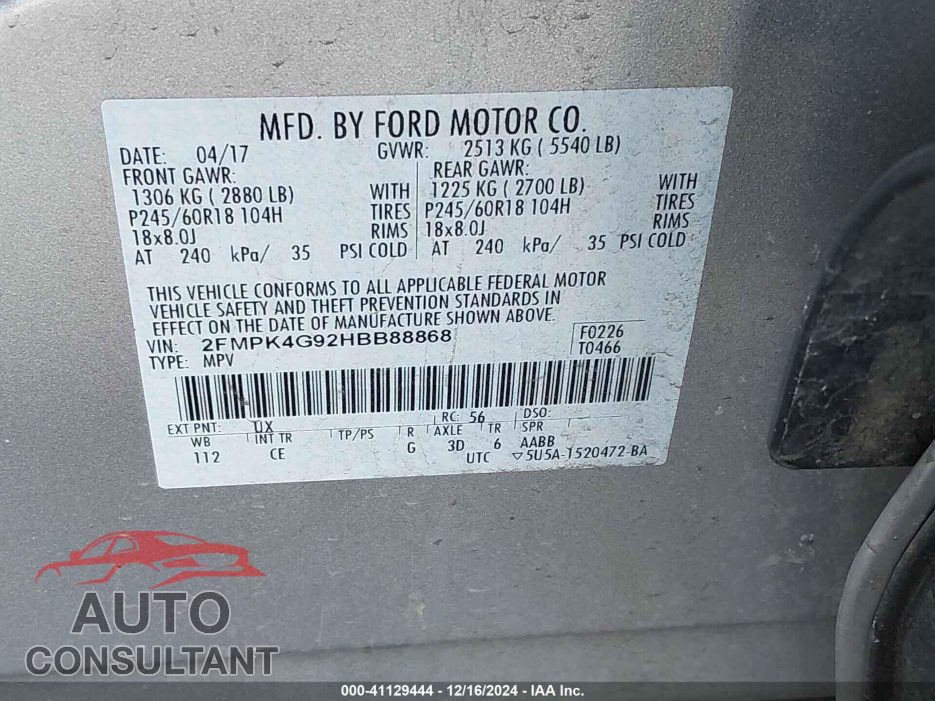 FORD EDGE 2017 - 2FMPK4G92HBB88868