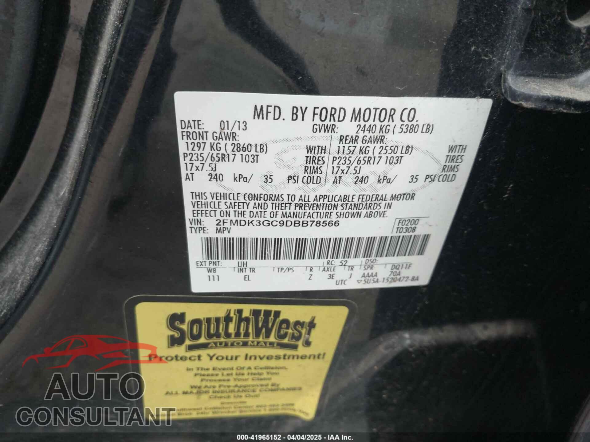 FORD EDGE 2013 - 2FMDK3GC9DBB78566