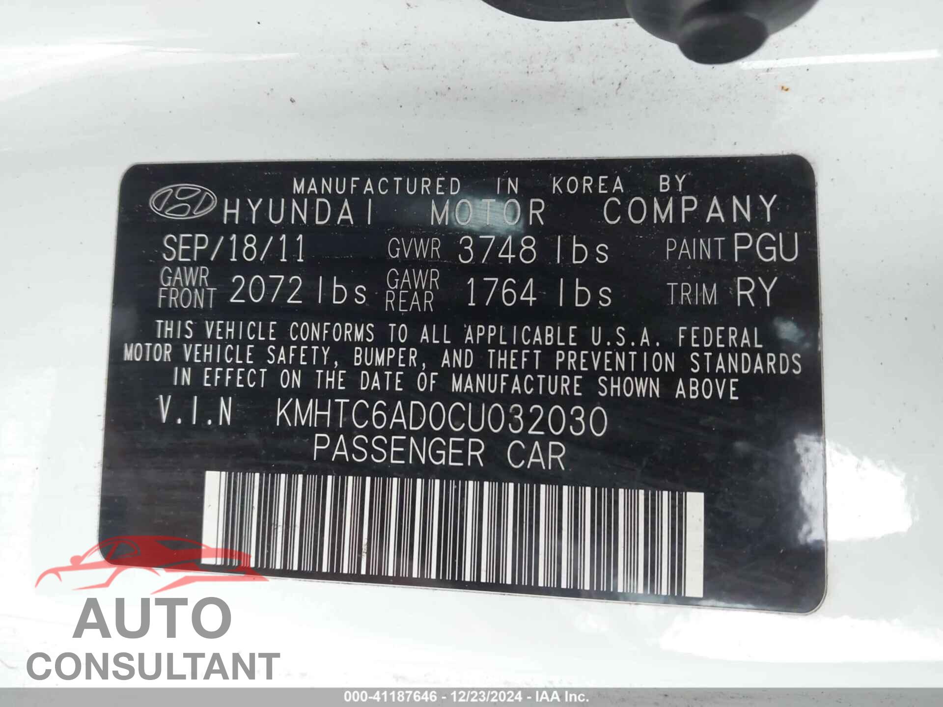 HYUNDAI VELOSTER 2012 - KMHTC6AD0CU032030