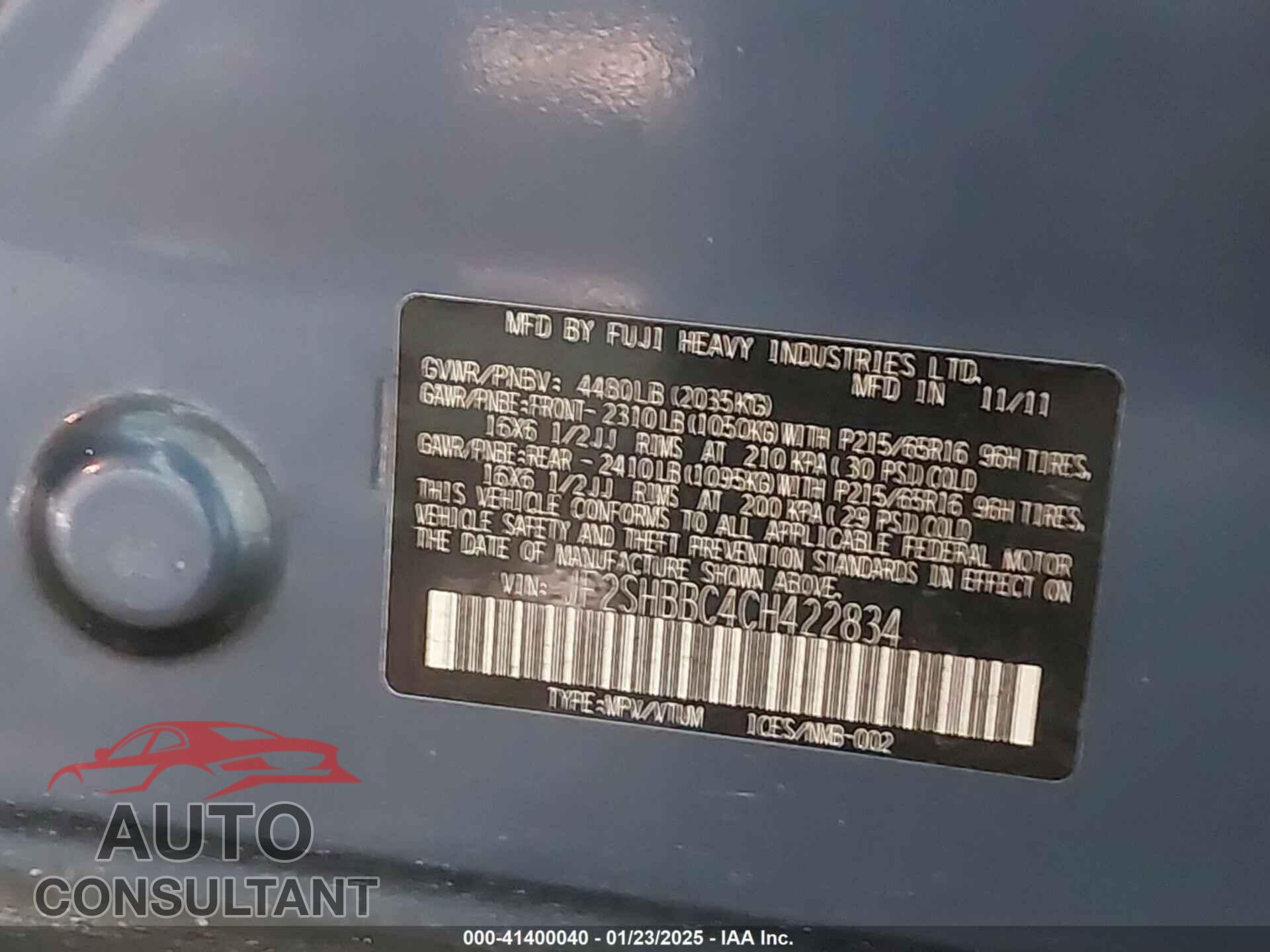 SUBARU FORESTER 2012 - JF2SHBBC4CH422834