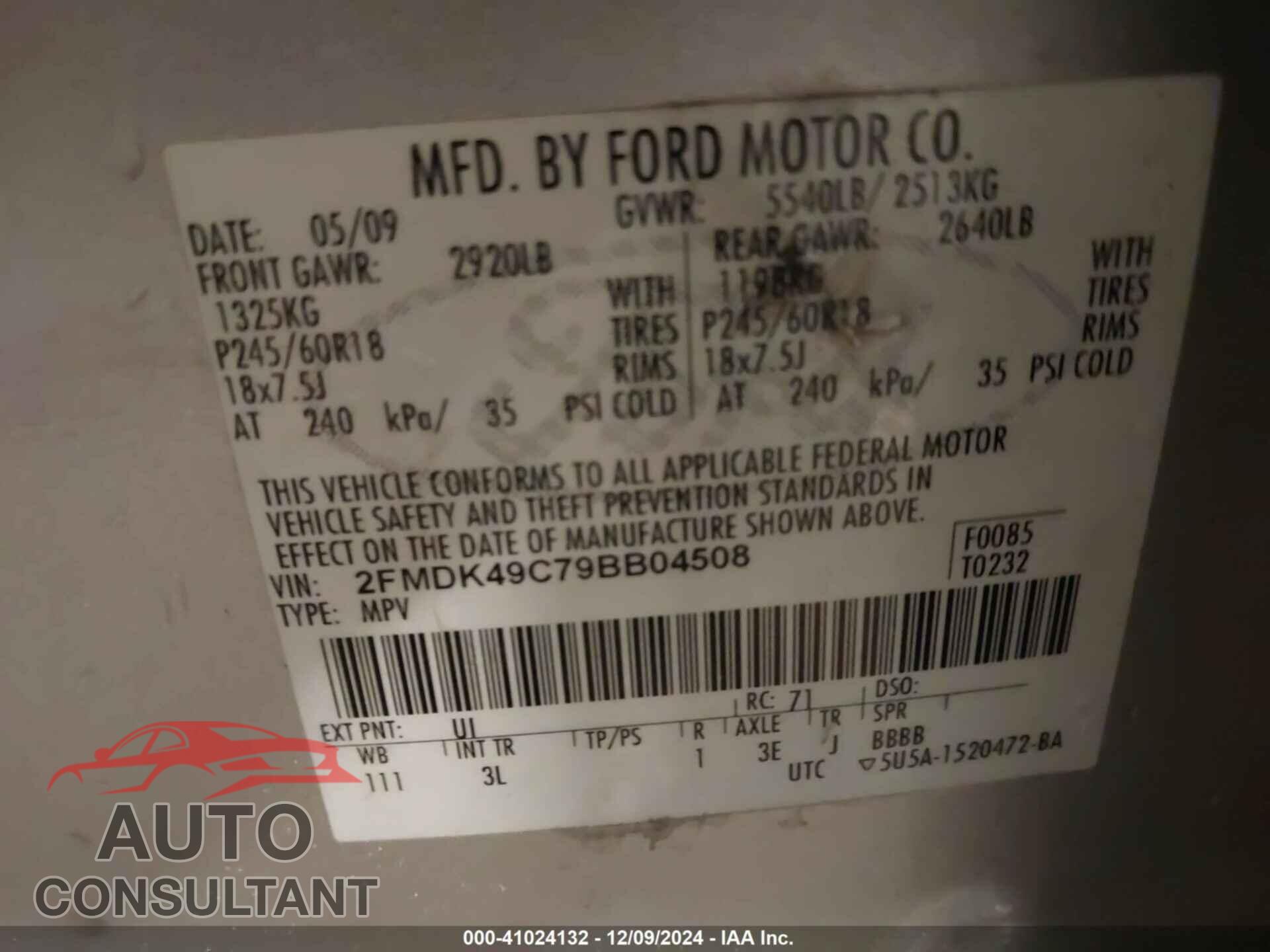 FORD EDGE 2009 - 2FMDK49C79BB04508