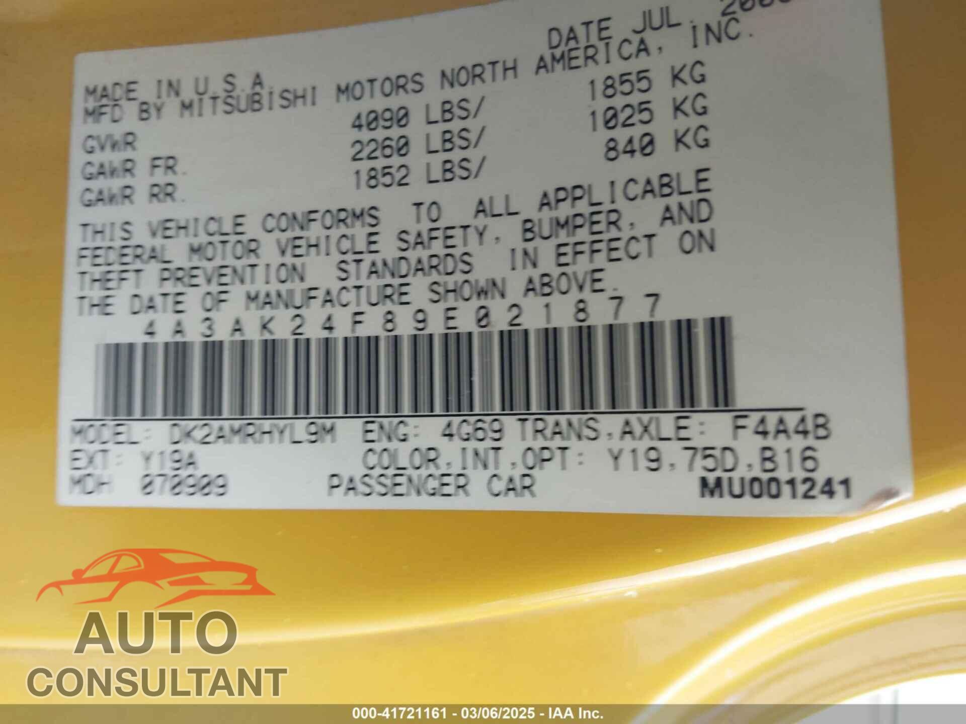 MITSUBISHI ECLIPSE 2009 - 4A3AK24F89E021877
