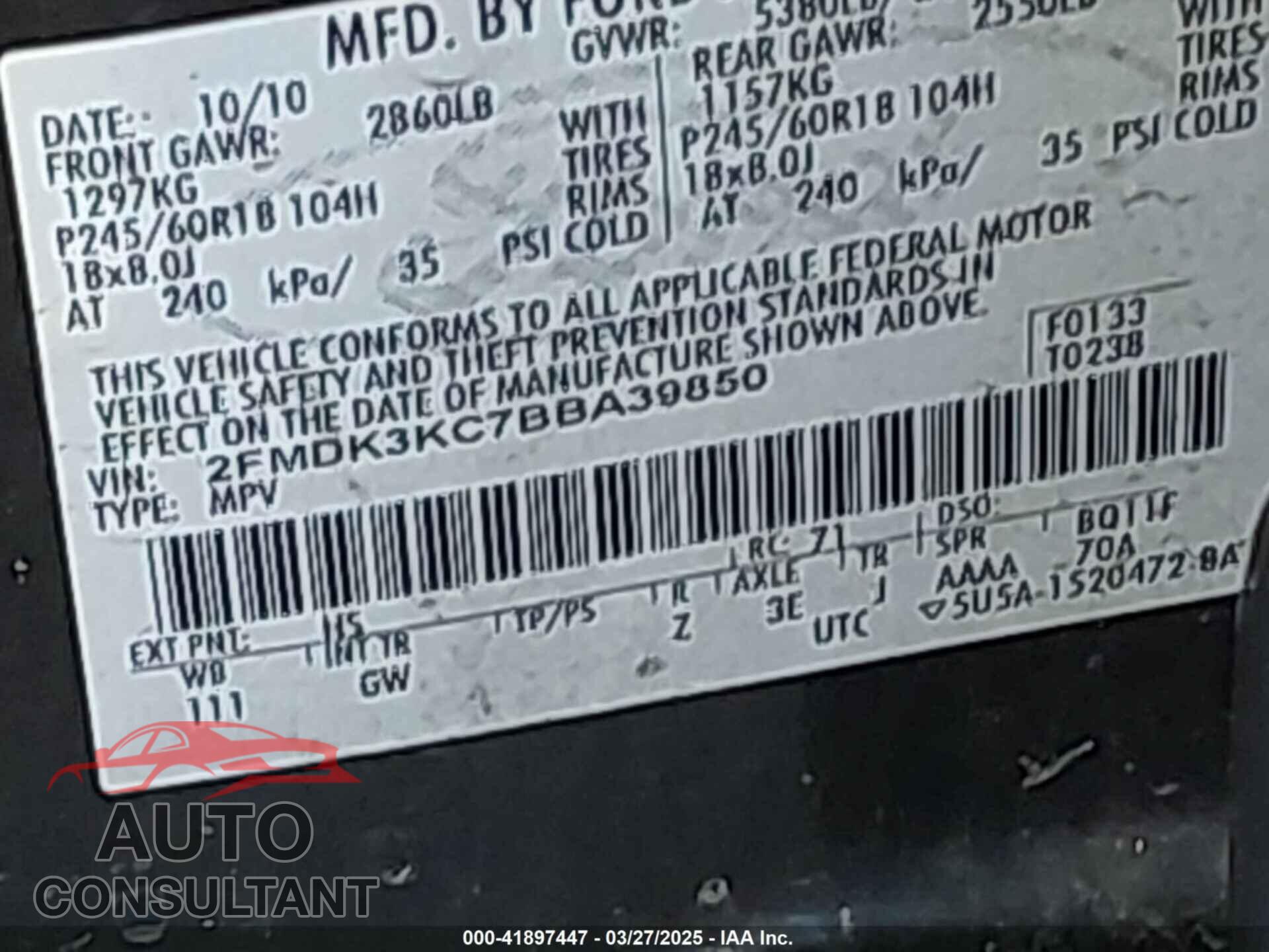 FORD EDGE 2011 - 2FMDK3KC7BBA39850