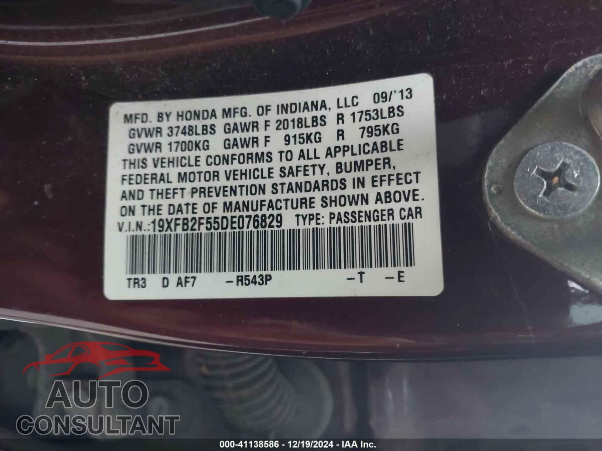 HONDA CIVIC 2013 - 19XFB2F55DE076829