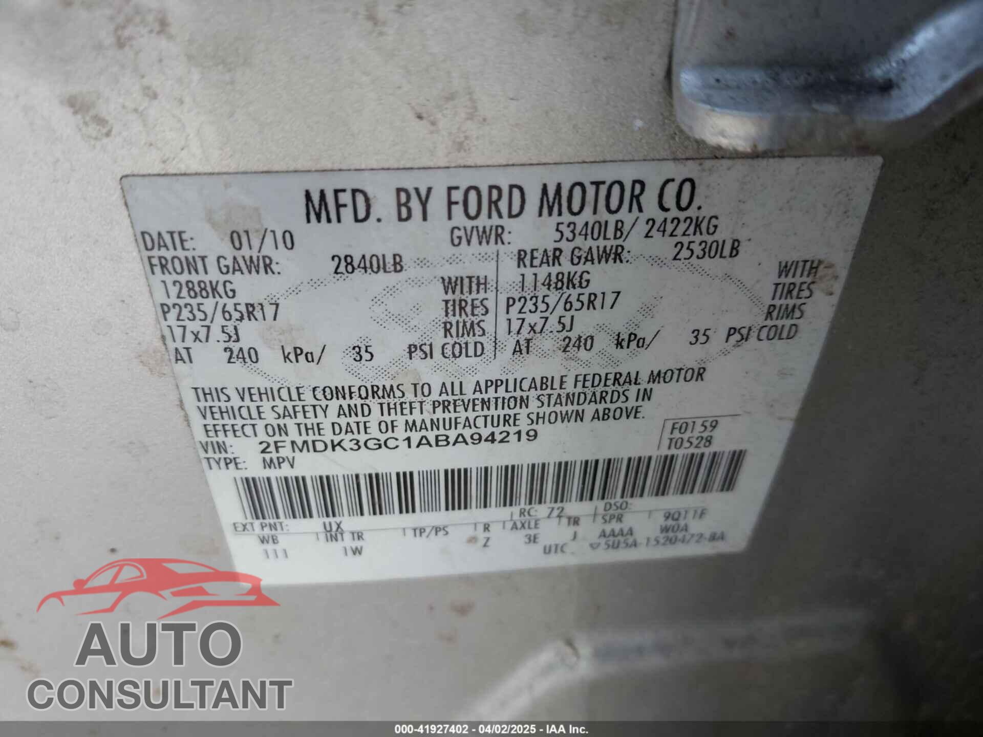 FORD EDGE 2010 - 2FMDK3GC1ABA94219