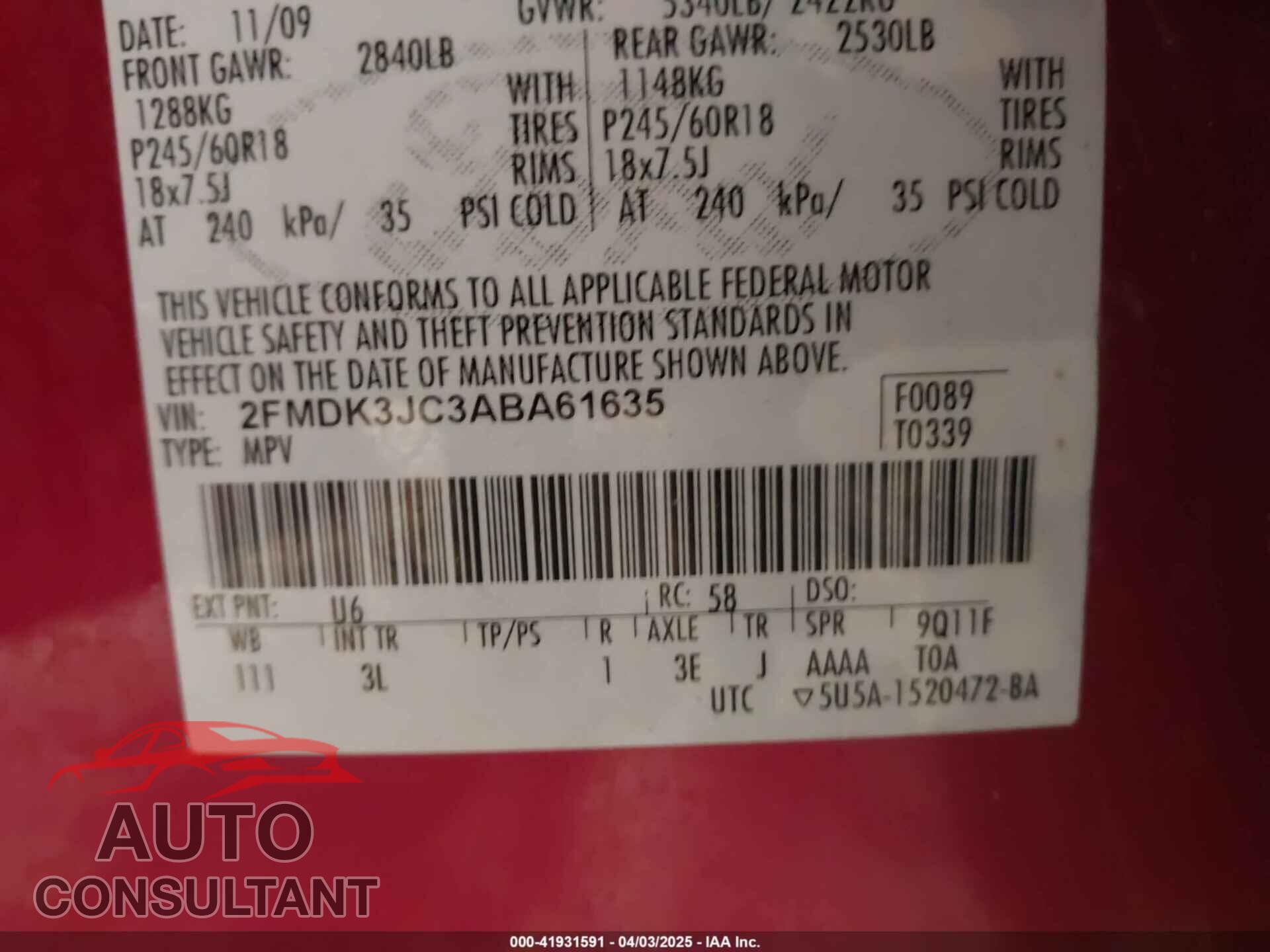 FORD EDGE 2010 - 2FMDK3JC3ABA61635