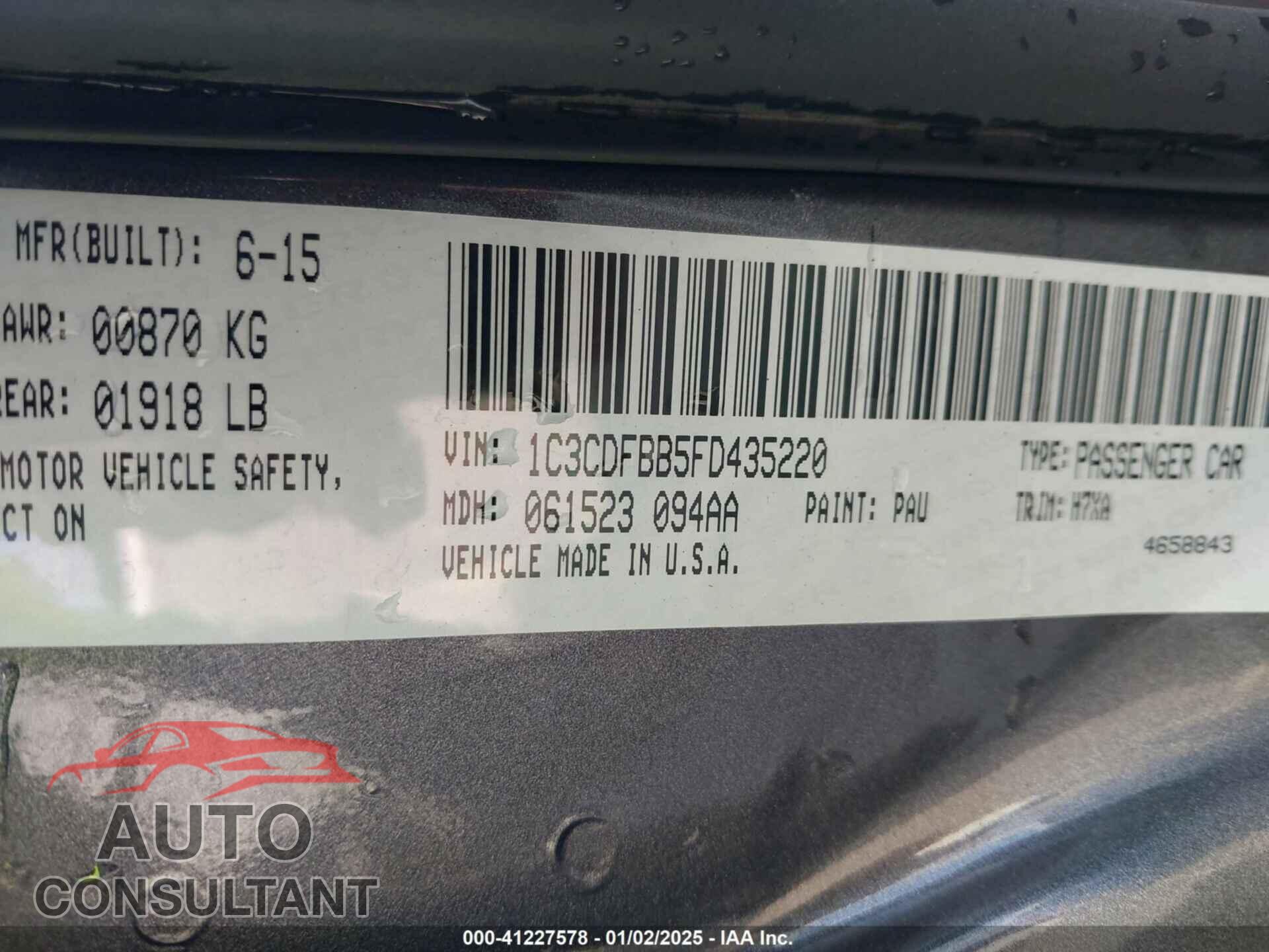 DODGE DART 2015 - 1C3CDFBB5FD435220