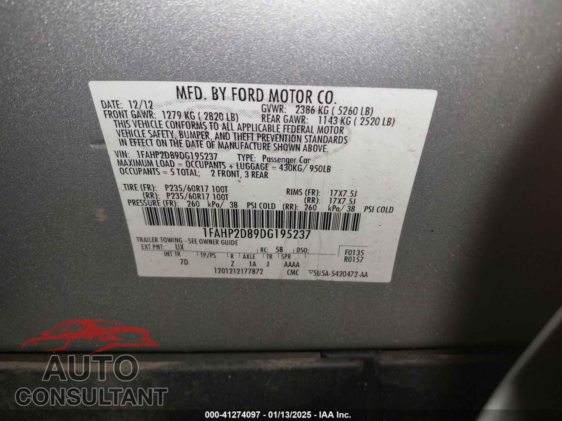 FORD TAURUS 2013 - 1FAHP2D89DG195237