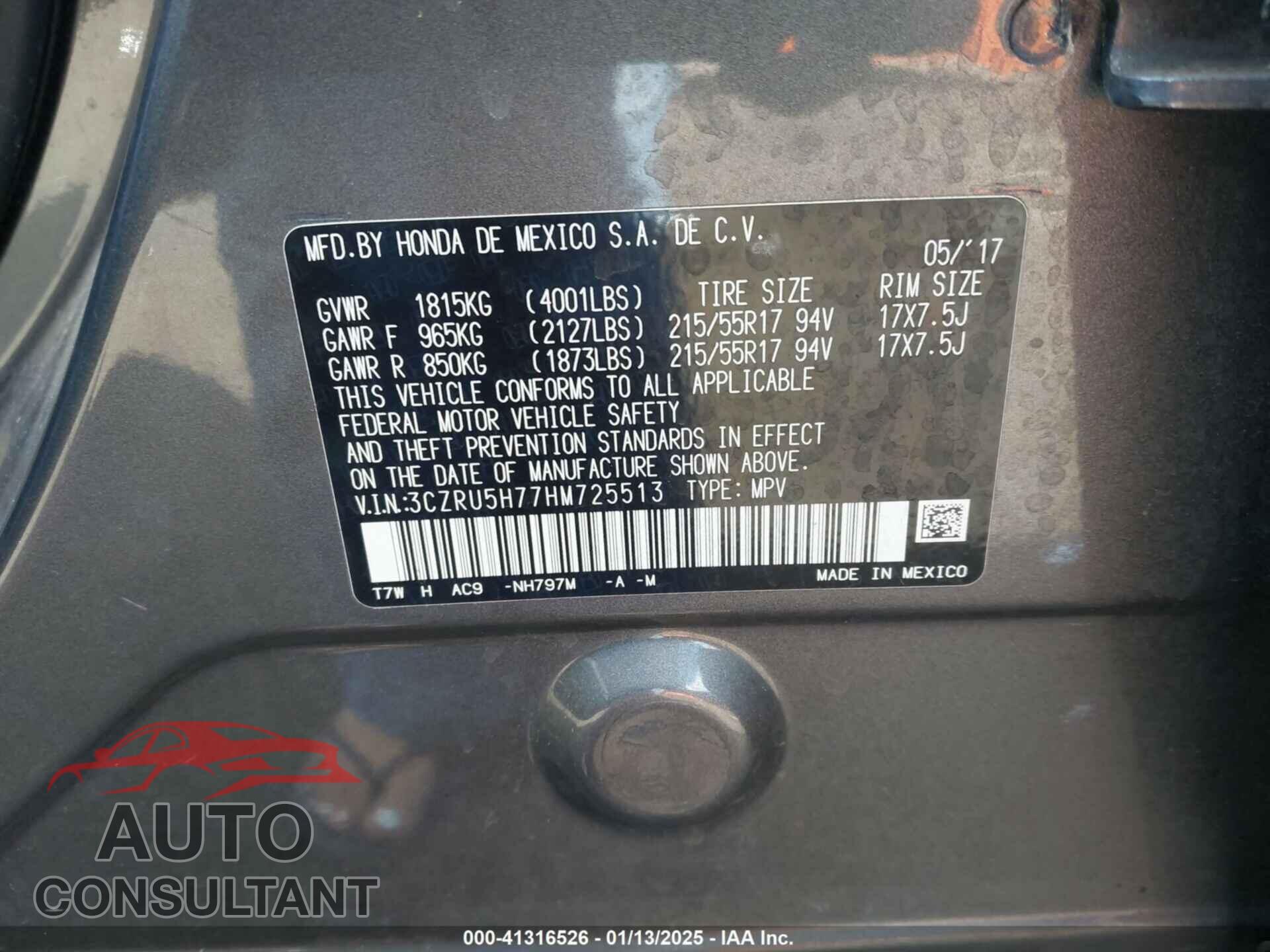 HONDA HR-V 2017 - 3CZRU5H77HM725513