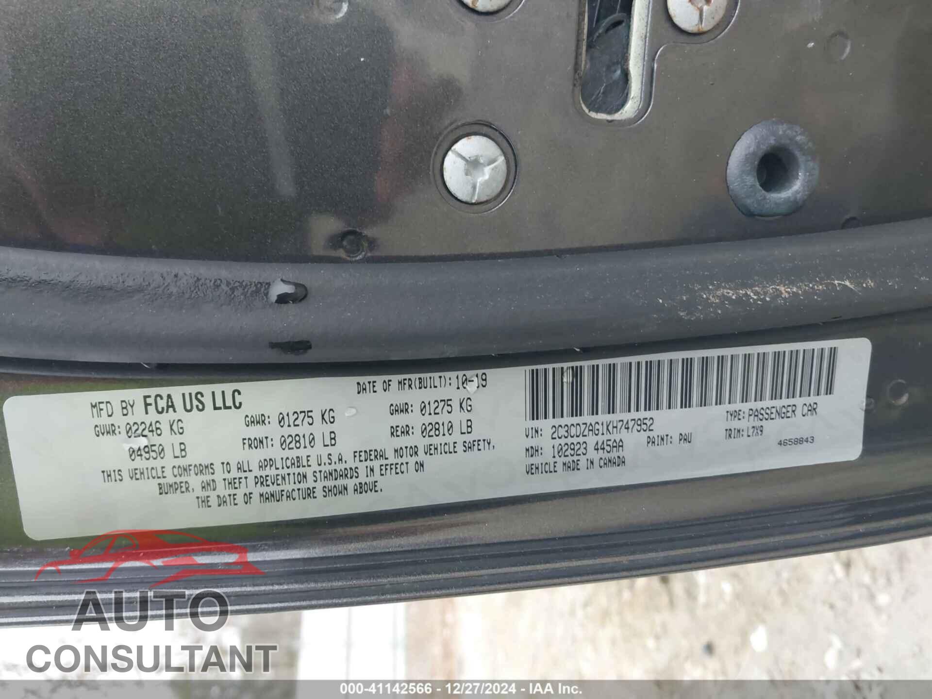 DODGE CHALLENGER 2019 - 2C3CDZAG1KH747952