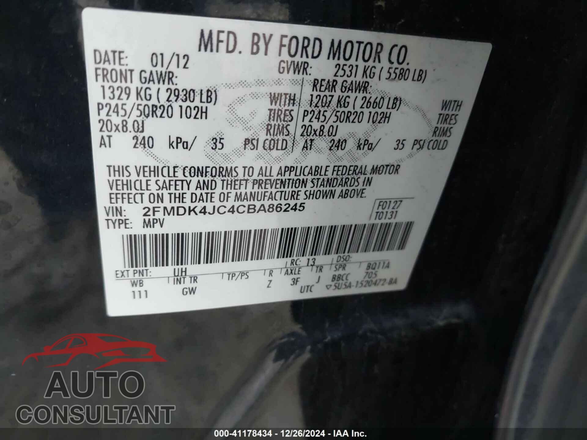 FORD EDGE 2012 - 2FMDK4JC4CBA86245