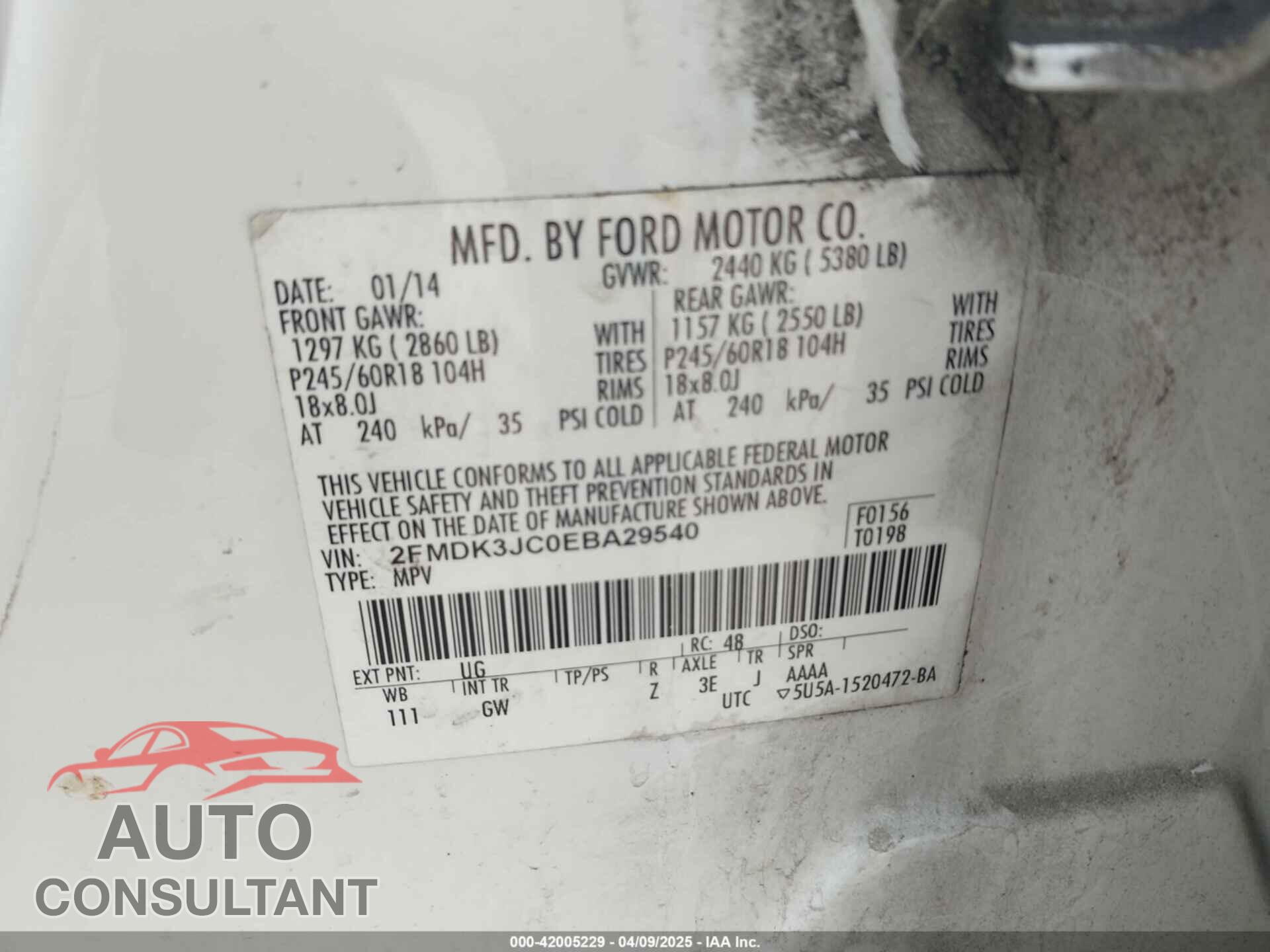 FORD EDGE 2014 - 2FMDK3JC0EBA29540