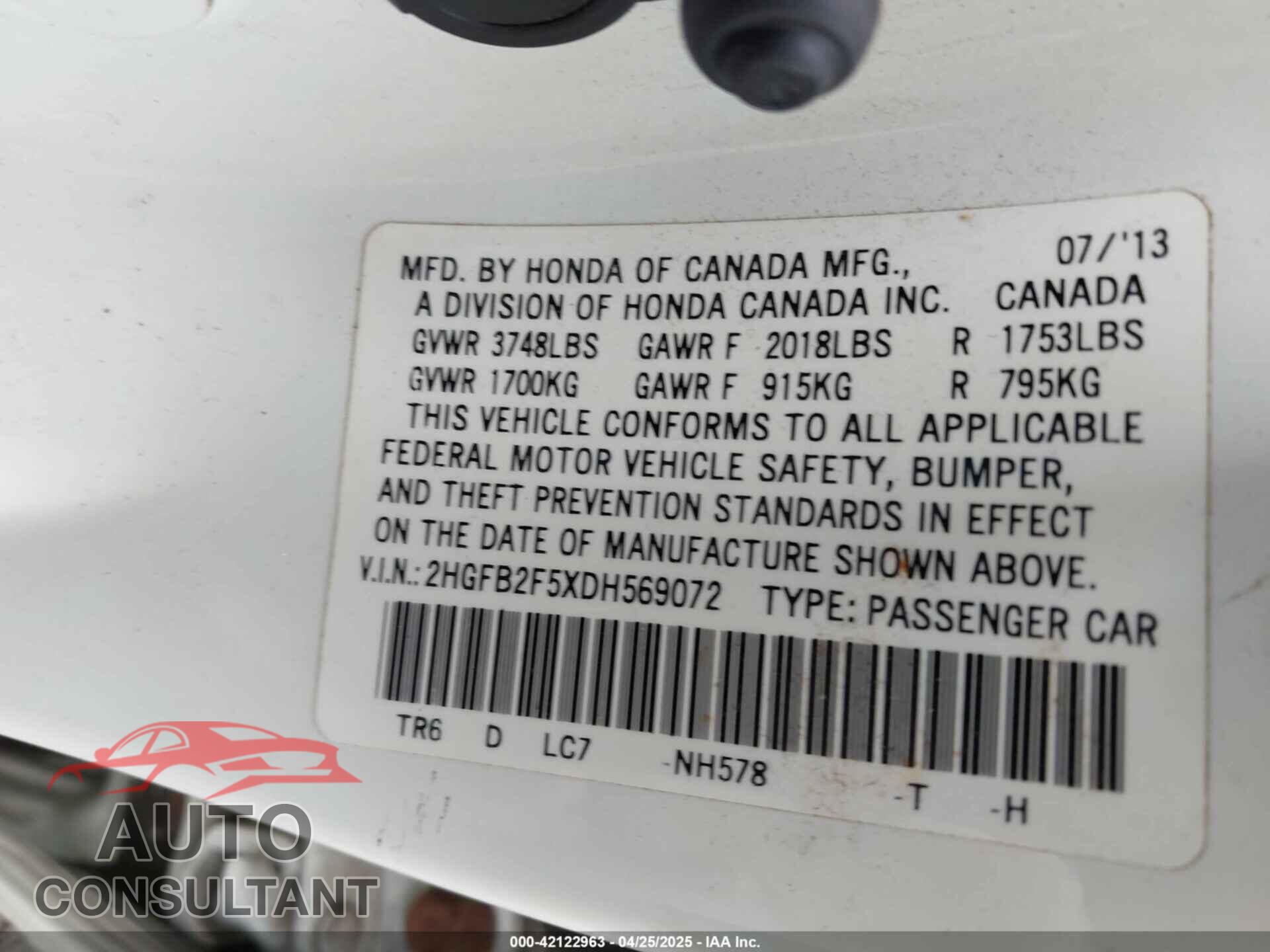 HONDA CIVIC 2013 - 2HGFB2F5XDH569072