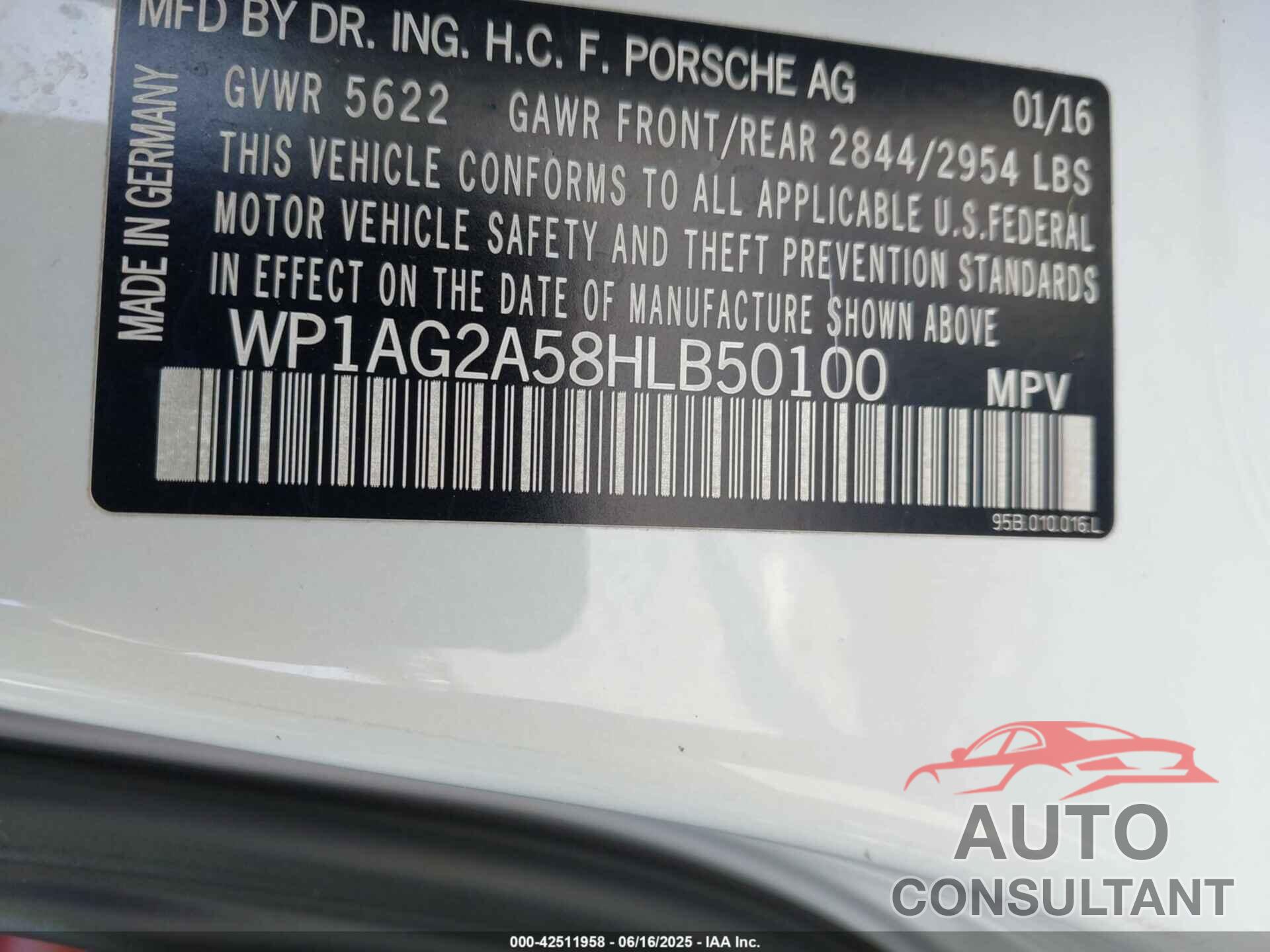 PORSCHE MACAN 2017 - WP1AG2A58HLB50100