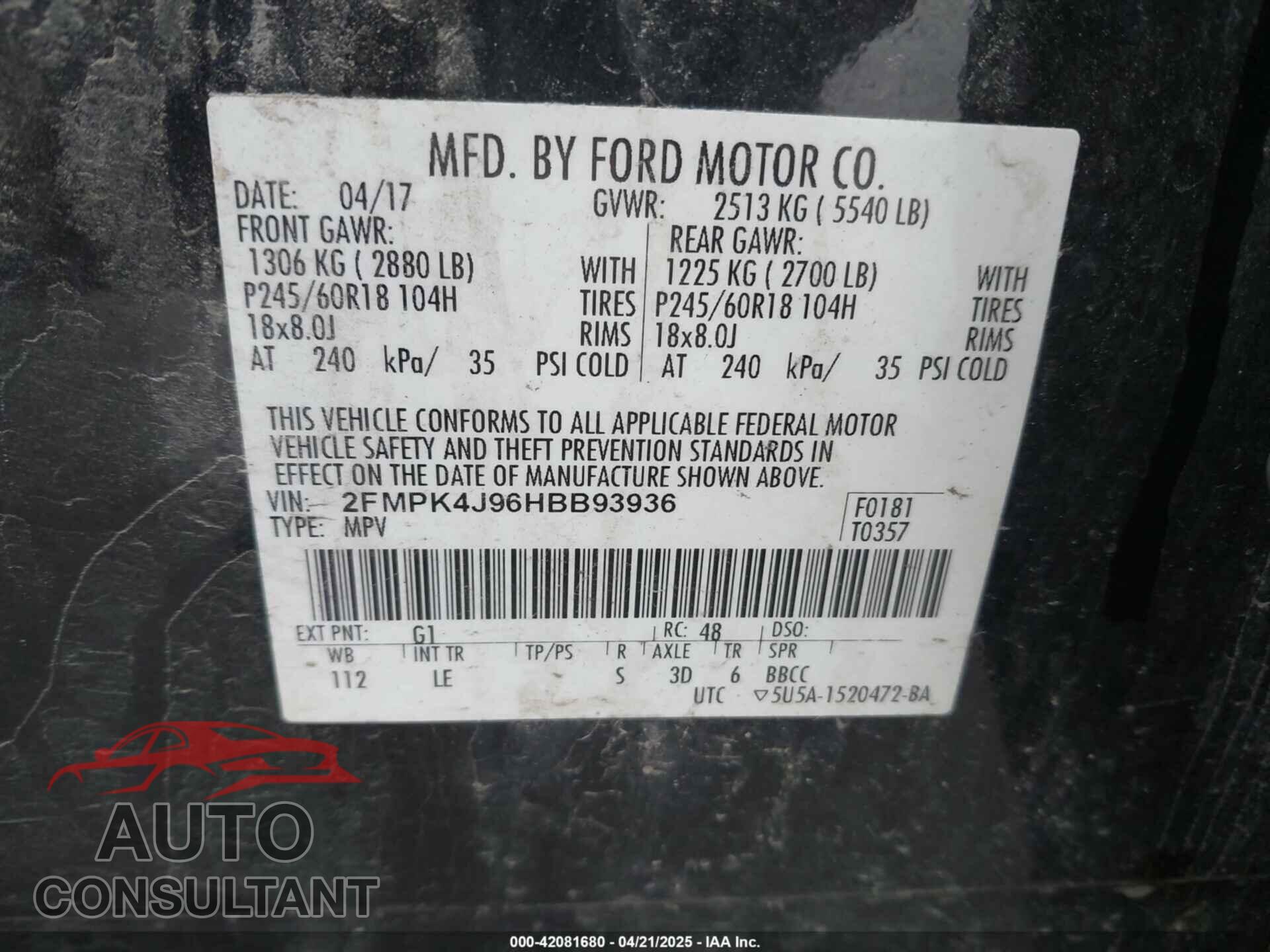 FORD EDGE 2017 - 2FMPK4J96HBB93936