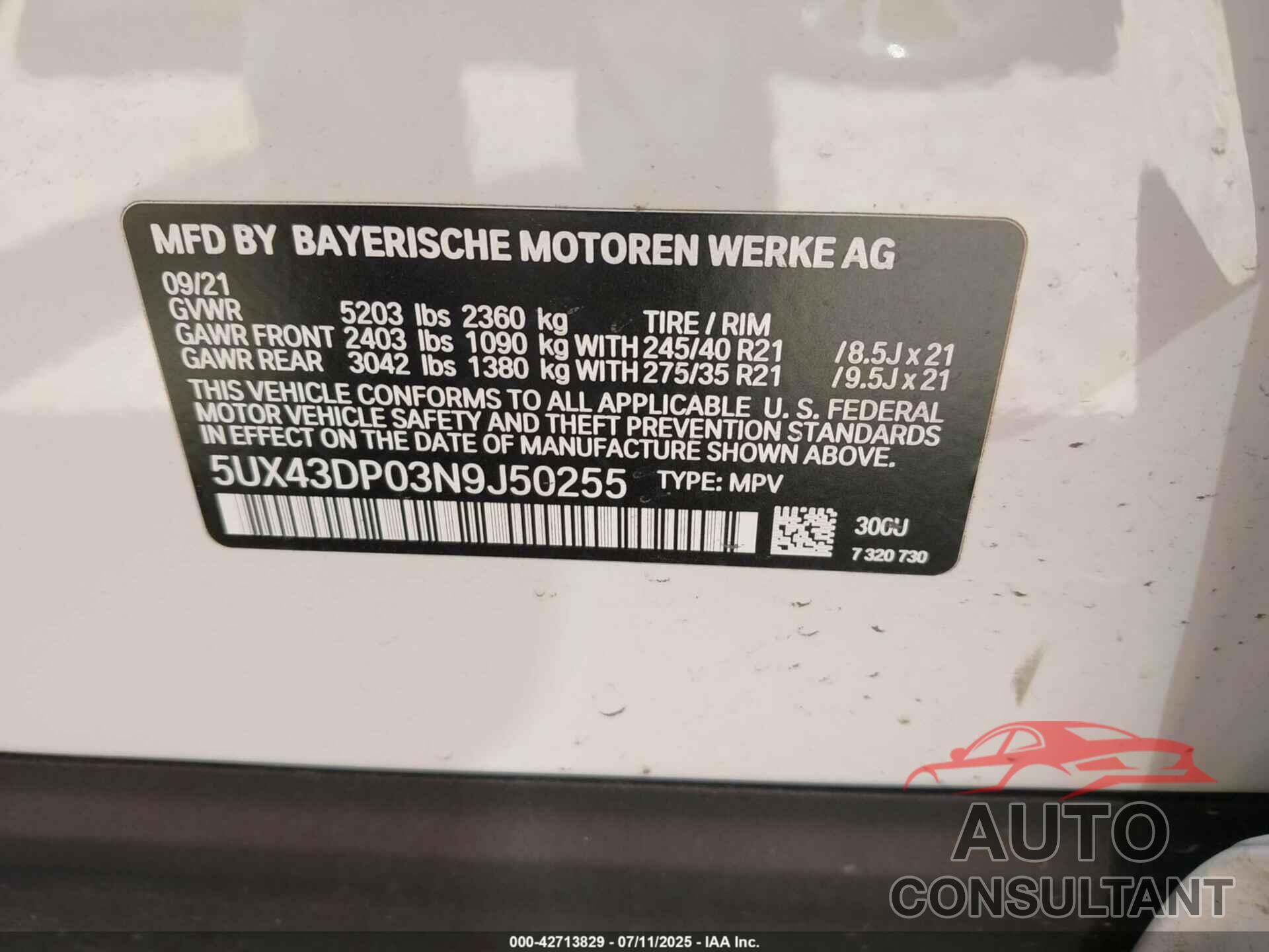 BMW X3 2022 - 5UX43DP03N9J50255