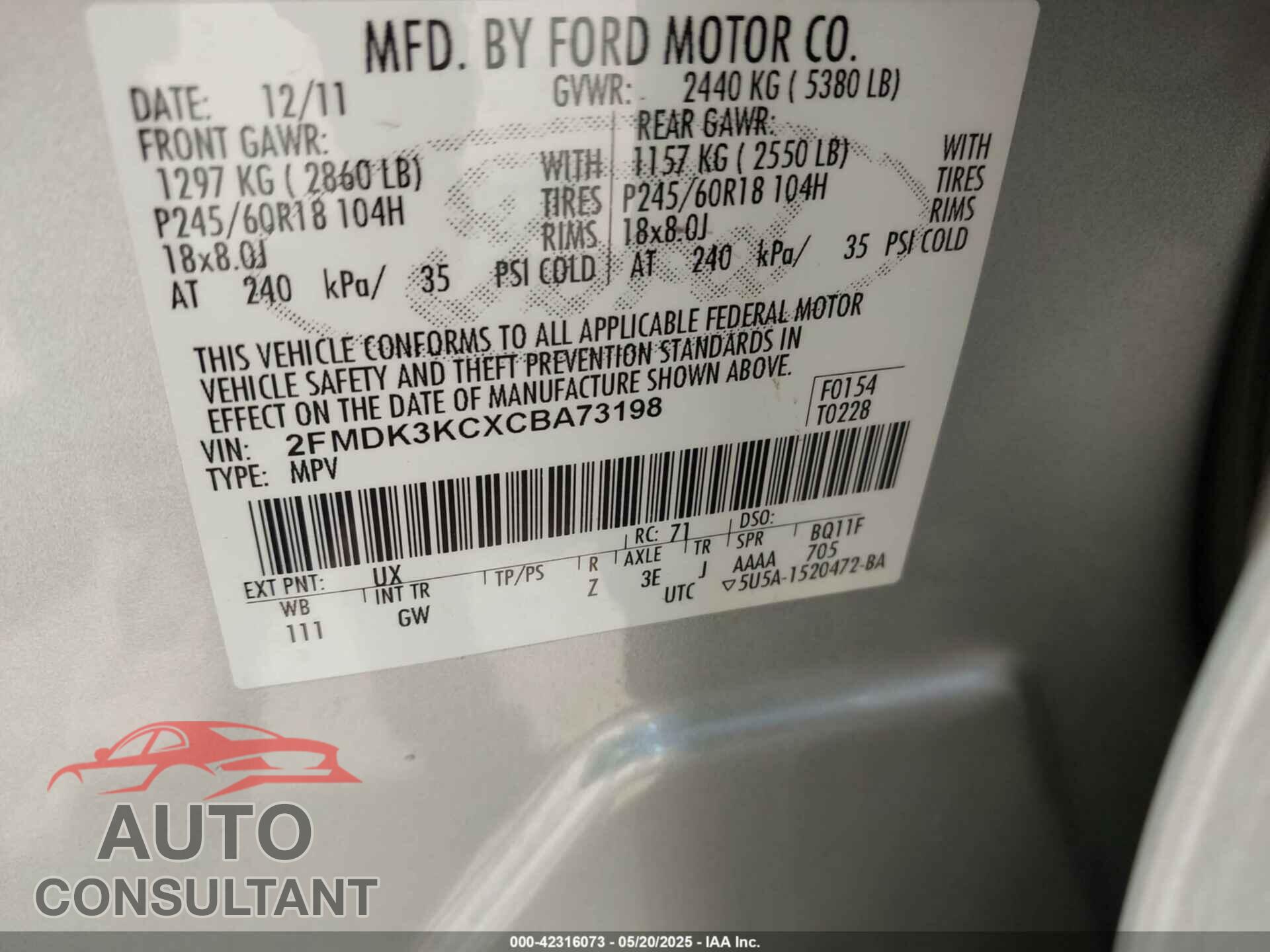 FORD EDGE 2012 - 2FMDK3KCXCBA73198