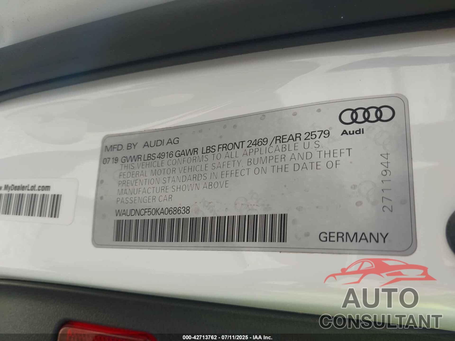 AUDI A5 2019 - WAUDNCF50KA068638