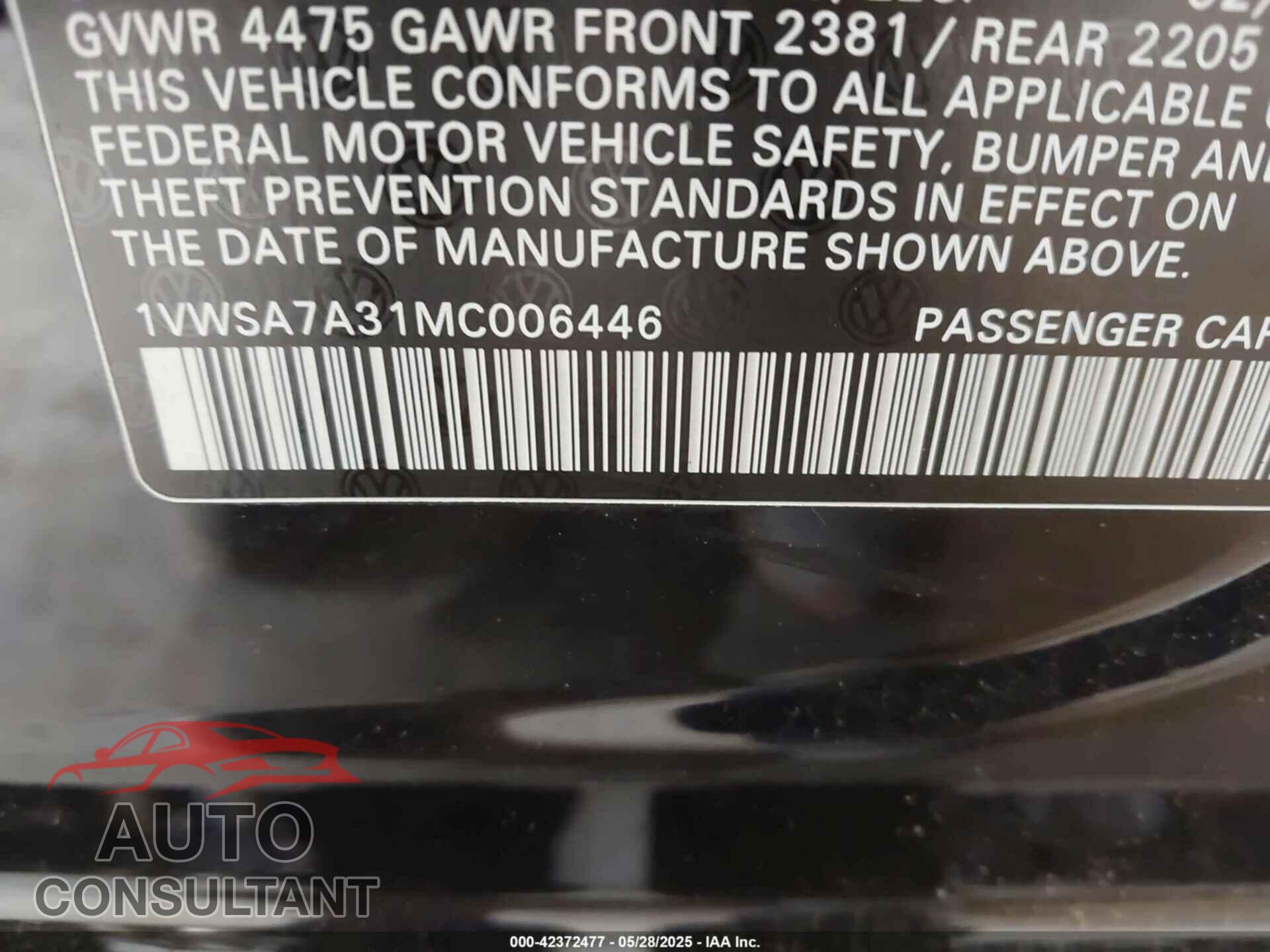 VOLKSWAGEN PASSAT 2021 - 1VWSA7A31MC006446