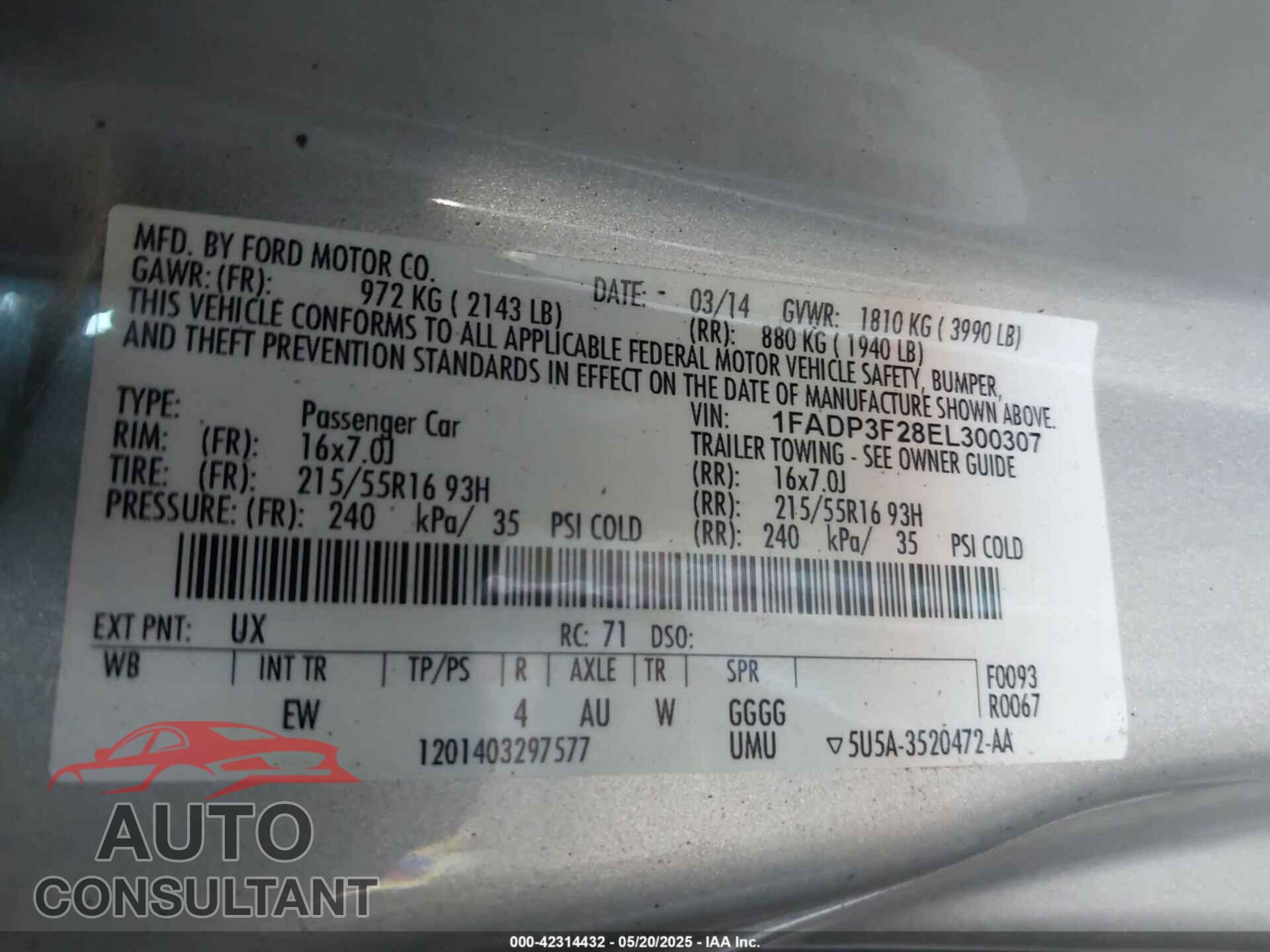 FORD FOCUS 2014 - 1FADP3F28EL300307