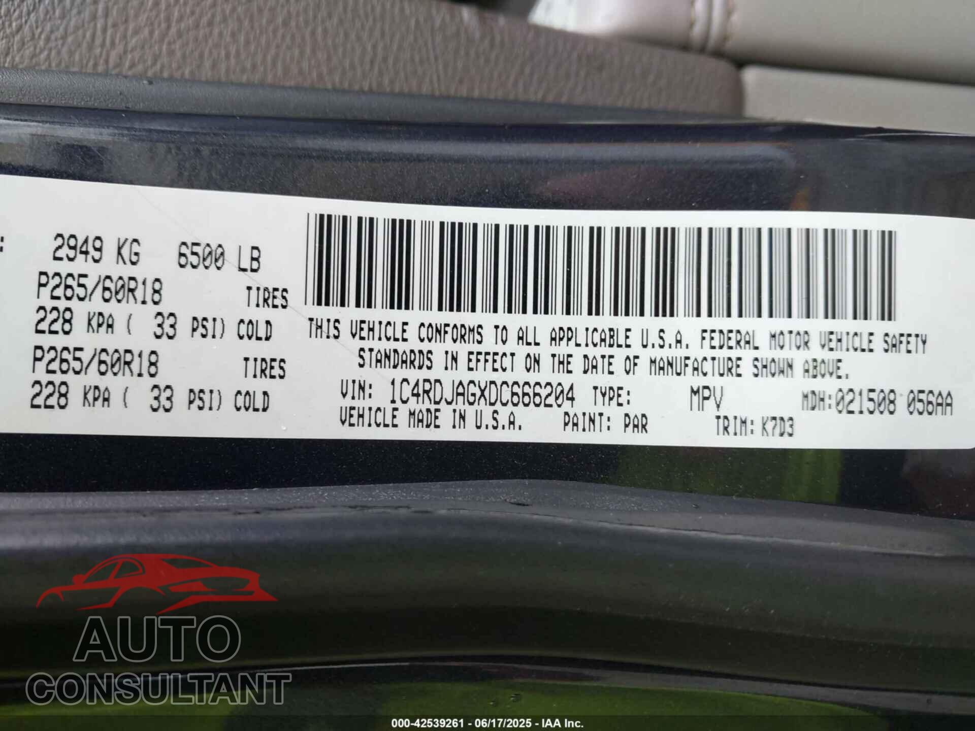 DODGE DURANGO 2013 - 1C4RDJAGXDC666204