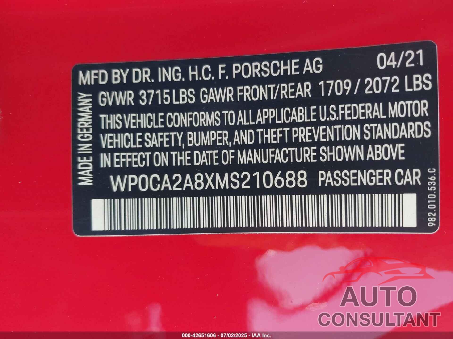 PORSCHE 718 BOXSTER 2021 - WP0CA2A8XMS210688