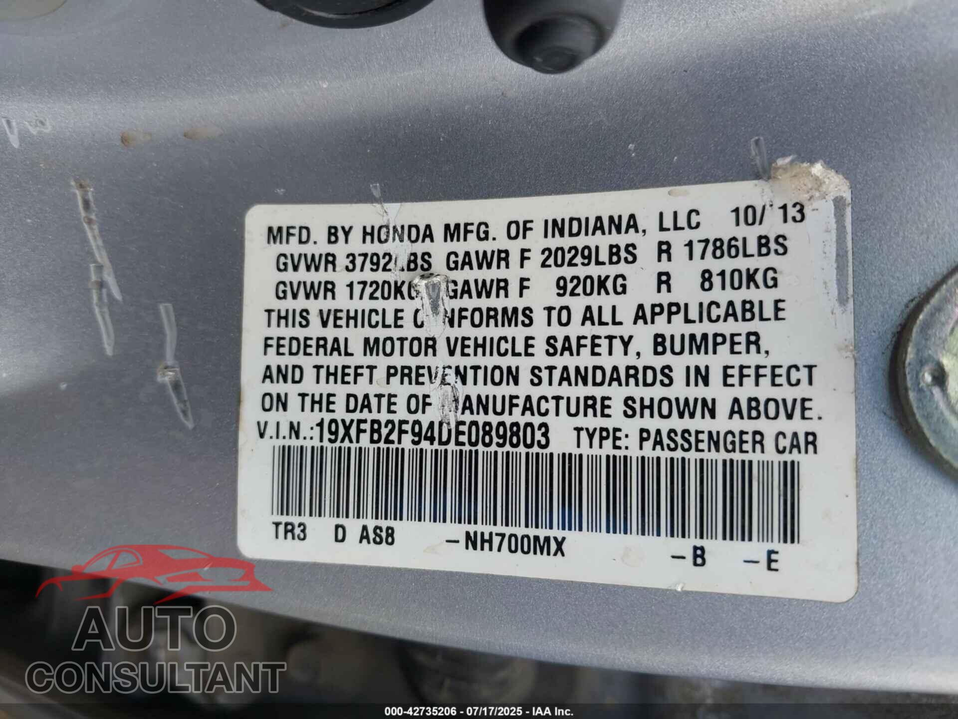 HONDA CIVIC 2013 - 19XFB2F94DE089803