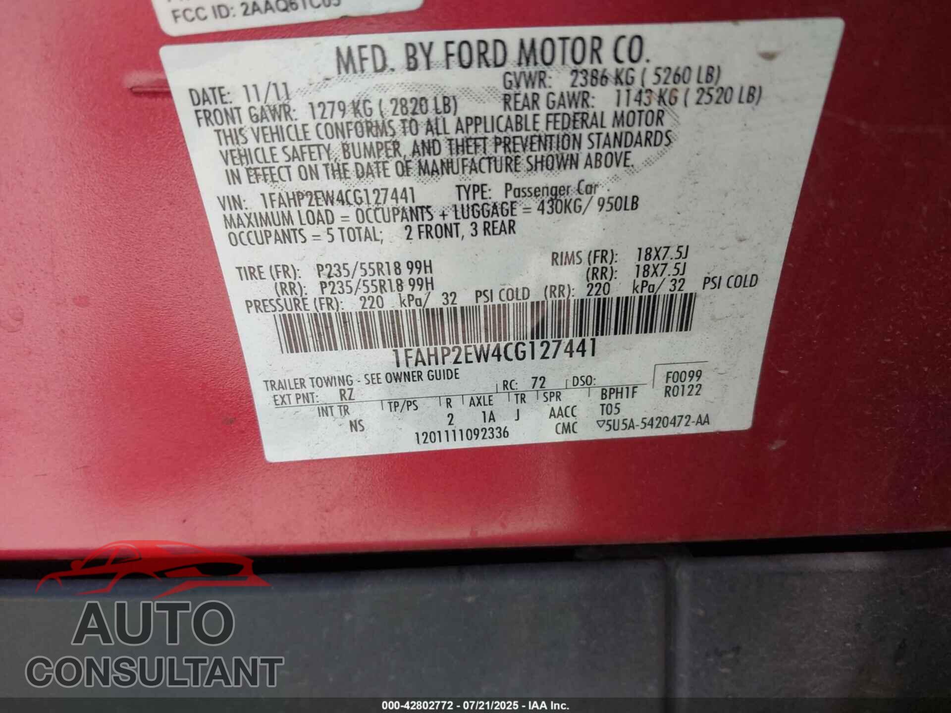 FORD TAURUS 2012 - 1FAHP2EW4CG127441