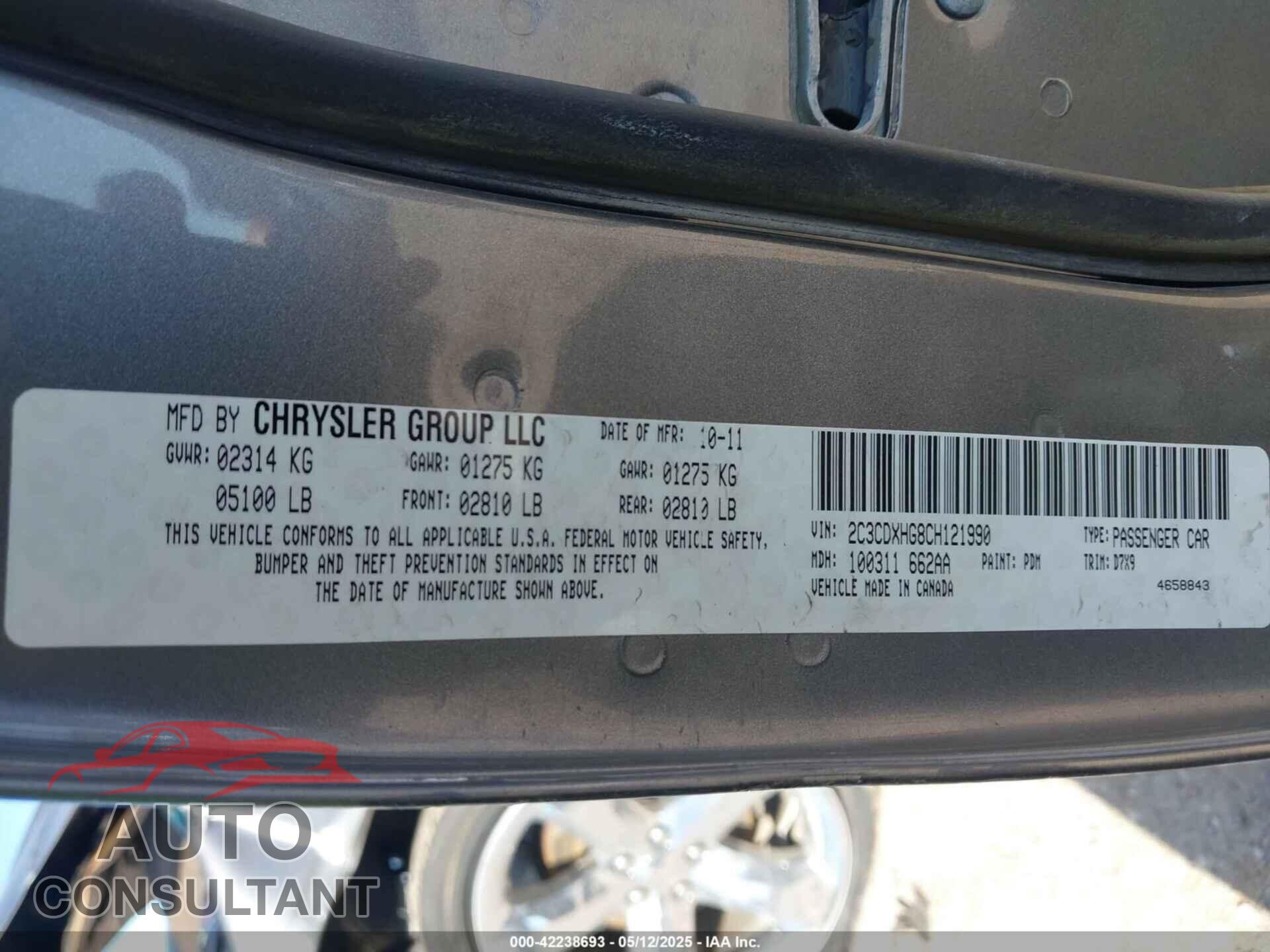 DODGE CHARGER 2012 - 2C3CDXHG8CH121990