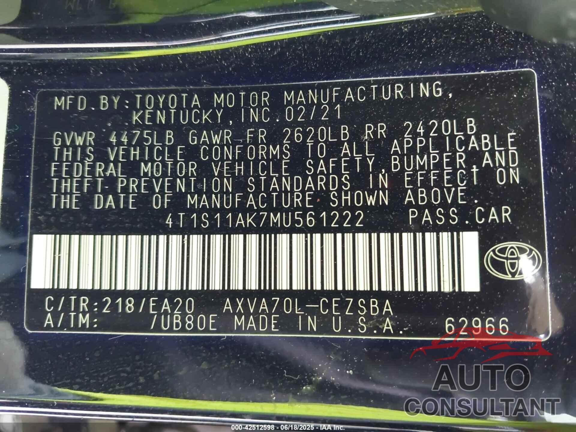 TOYOTA CAMRY 2021 - 4T1S11AK7MU561222