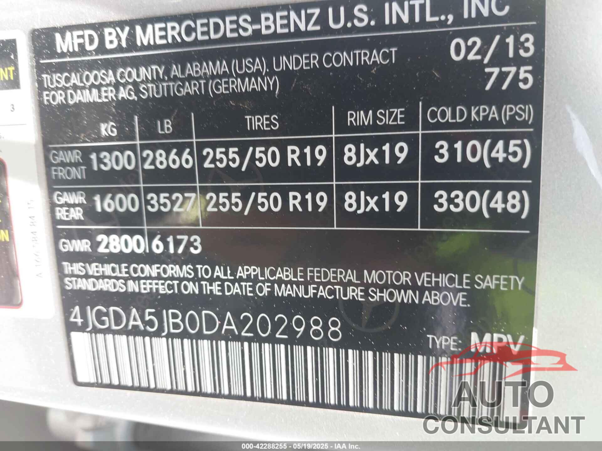 MERCEDES-BENZ ML 350 2013 - 4JGDA5JB0DA202988