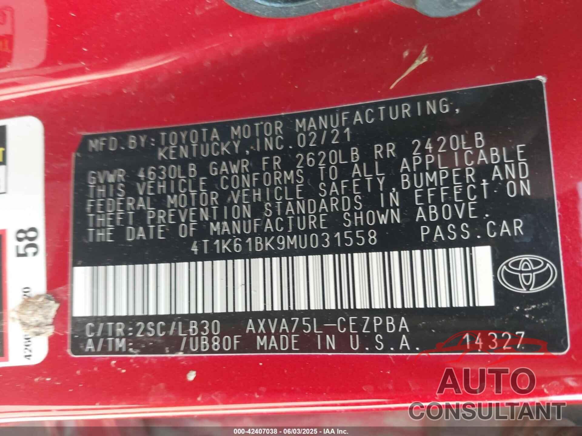TOYOTA CAMRY 2021 - 4T1K61BK9MU031558