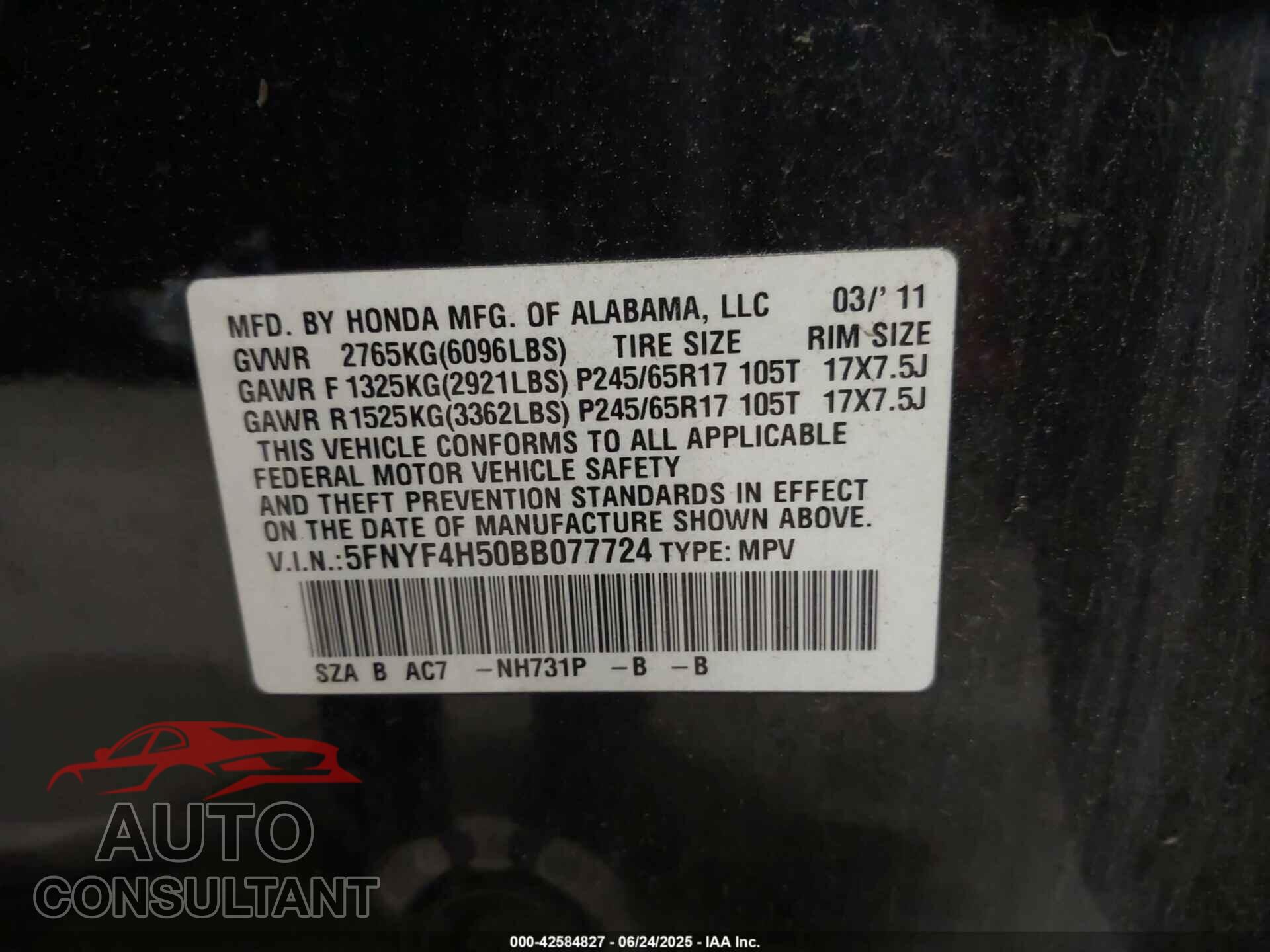 HONDA PILOT 2011 - 5FNYF4H50BB077724